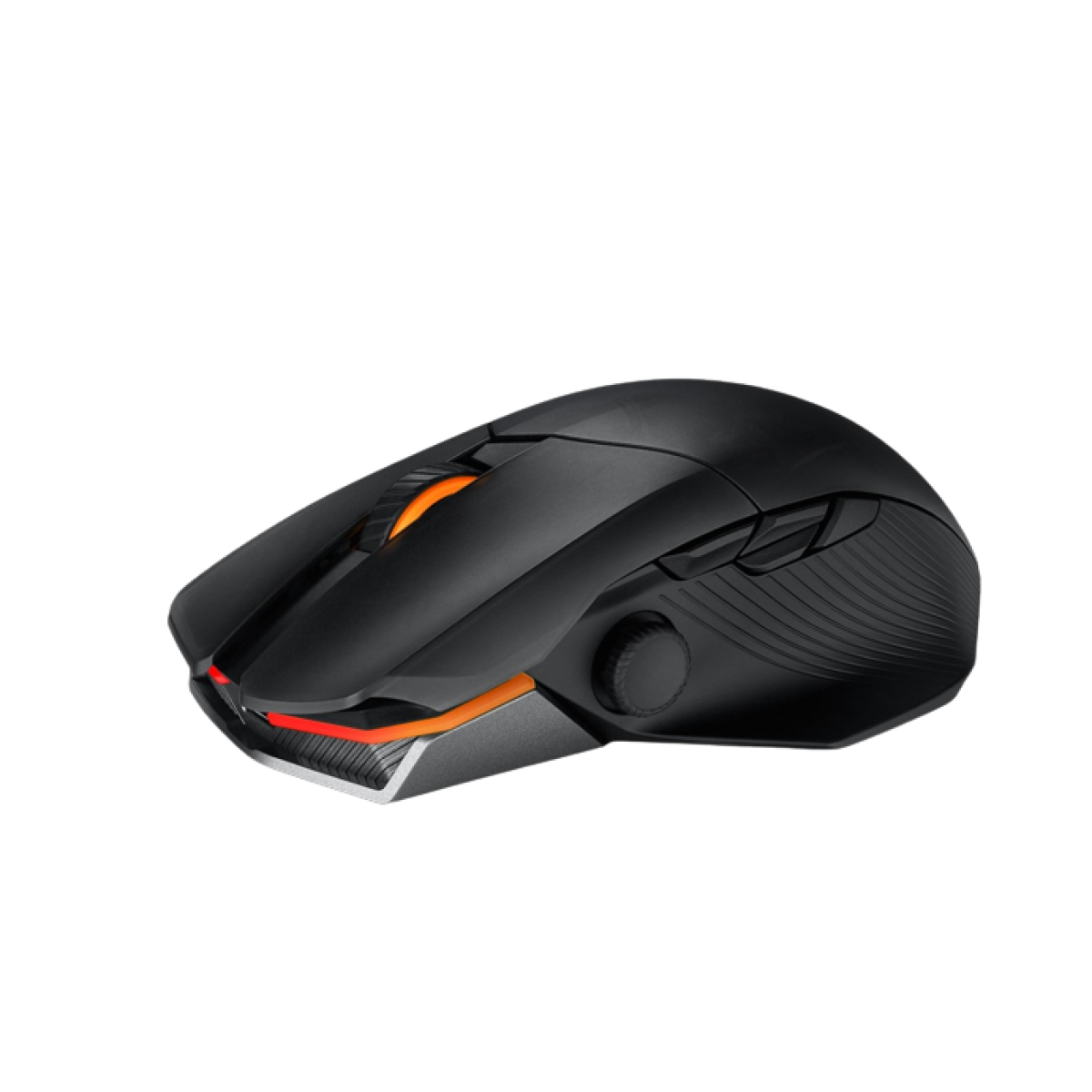 Un mouse da gioco nero e grigio con dettagli arancioni e rossi. Il mouse ha una rotella e pulsanti, lo sfondo è bianco.
