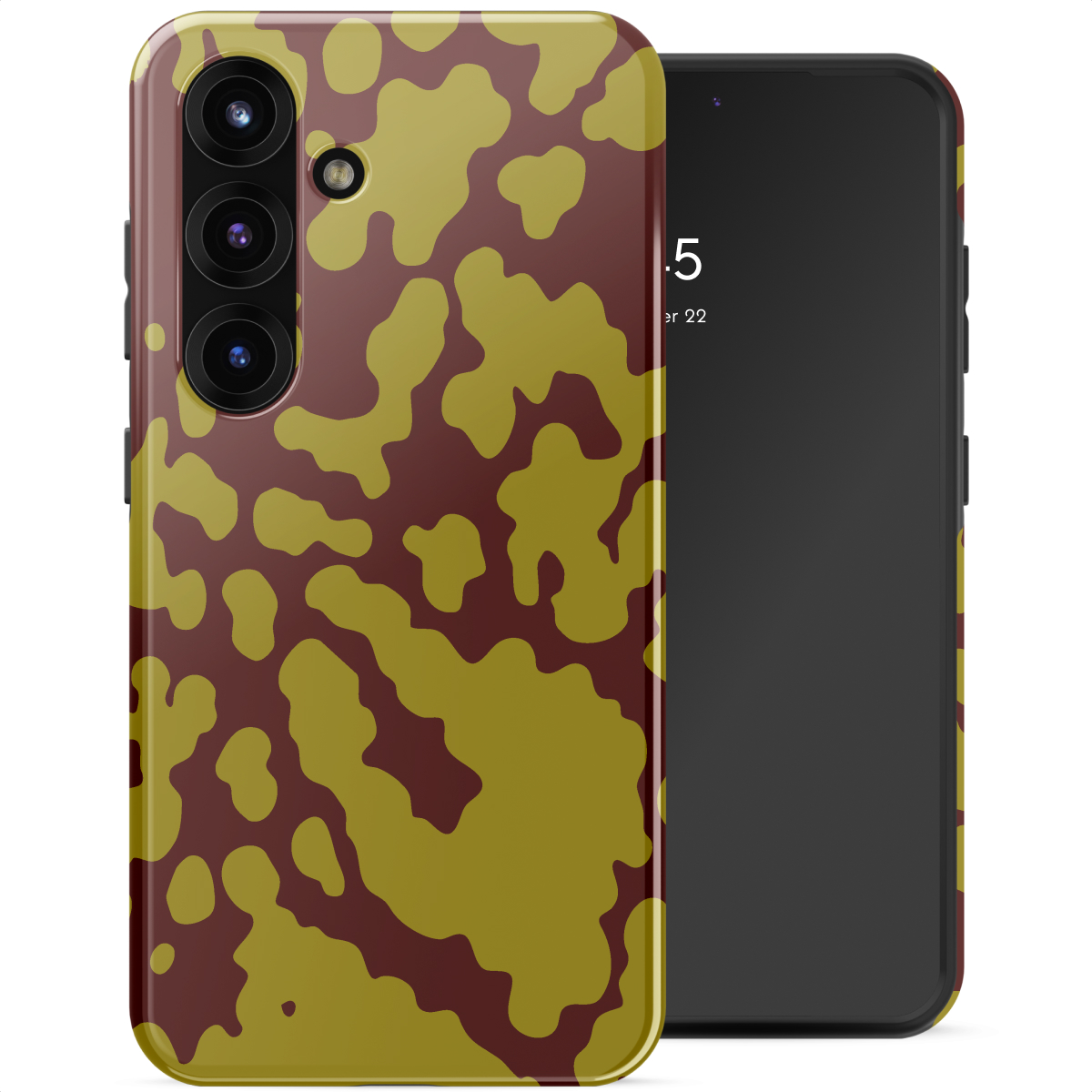 Uno smartphone con una custodia a fantasia. La custodia ha un design mimetico rosso scuro e giallo. Lo schermo mostra l'ora.