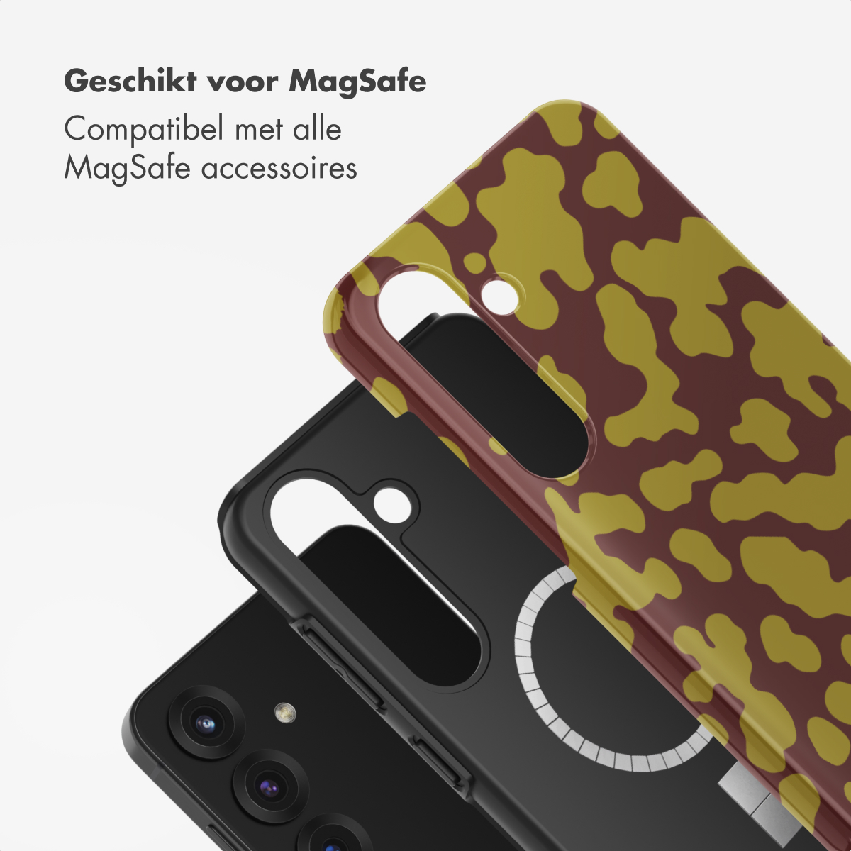 Sono mostrate tre custodie per telefono. Una è nera, un'altra ha un motivo marrone e giallo, e l'ultima è nera con un cerchio MagSafe bianco.
