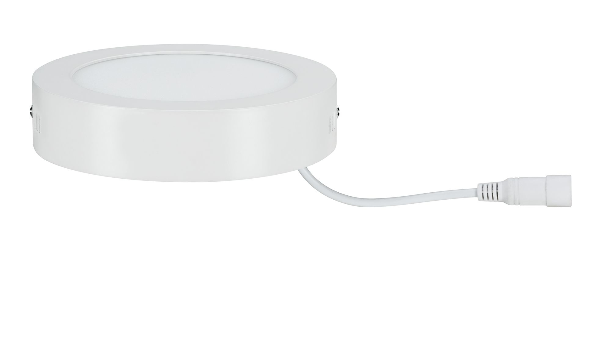 Eine weiße, kreisförmige LED-Leuchte mit Netzkabel und Stecker. Der Hintergrund ist weiß.