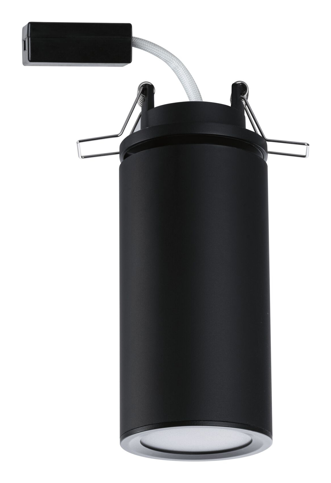 Czarny, cylindryczny element oświetleniowy. Ma biały przewód podłączony do czarnej skrzynki. Srebrne wsporniki wystają z góry.