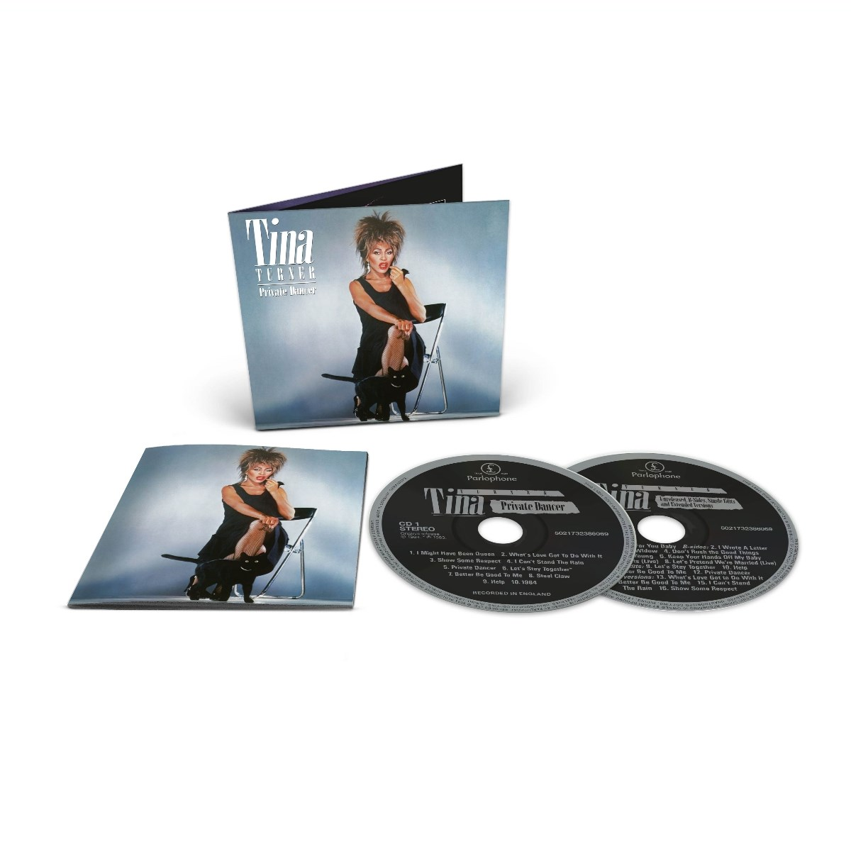 Album di Tina Turner 'Private Dancer' con CD e copertina. Tina posa su una sedia con un gatto. Bianco e nero con testo.