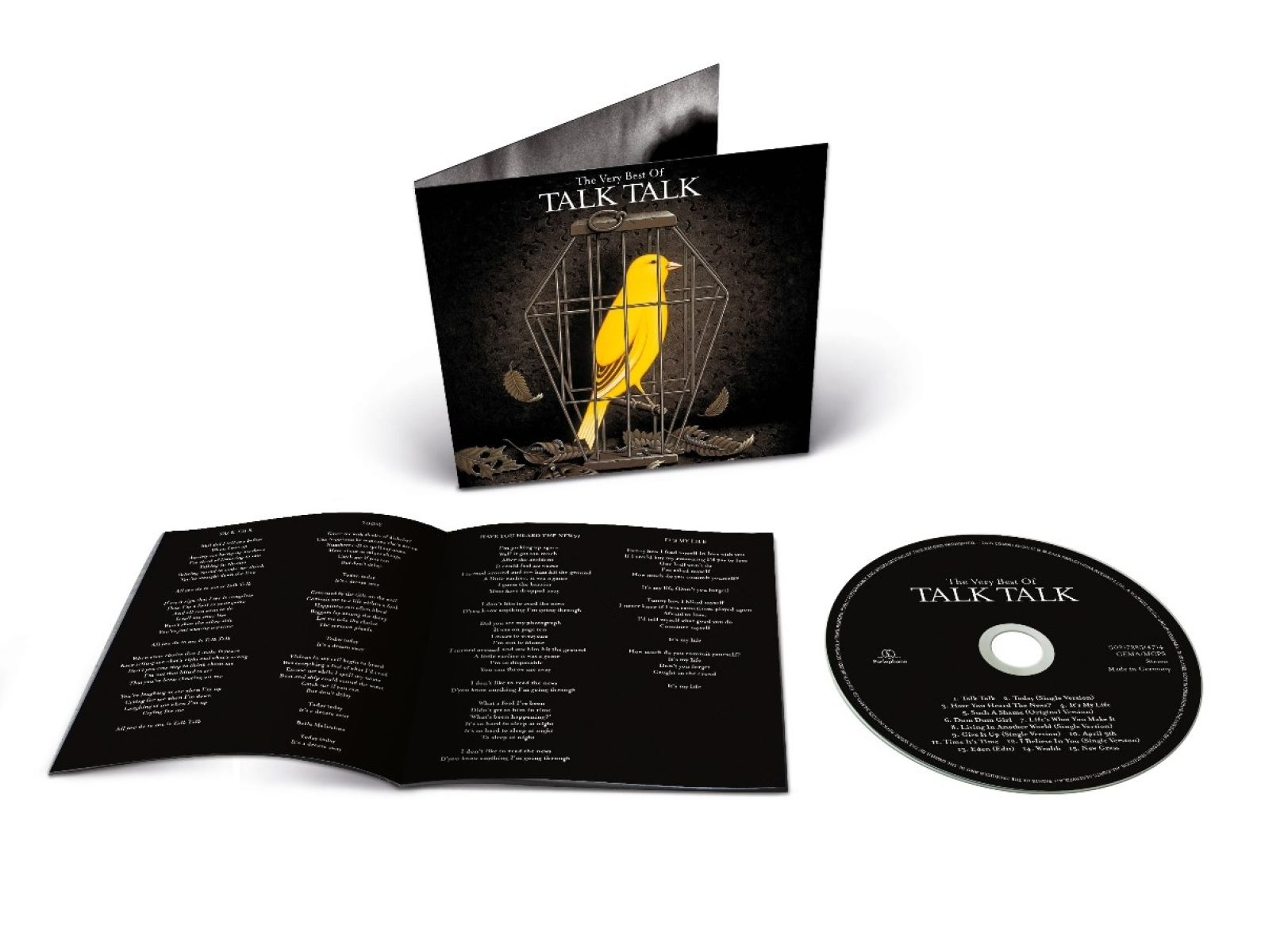 Copertina dell'album con un uccello giallo in gabbia. CD e foglio con testo visibili. L'album è 'The Very Best Of Talk Talk'.