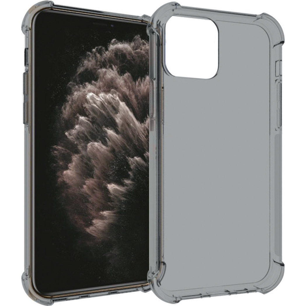 Een smartphone met een doorzichtige beschermhoes. Het scherm toont een vage, donkere achtergrond. De hoes is transparant grijs.