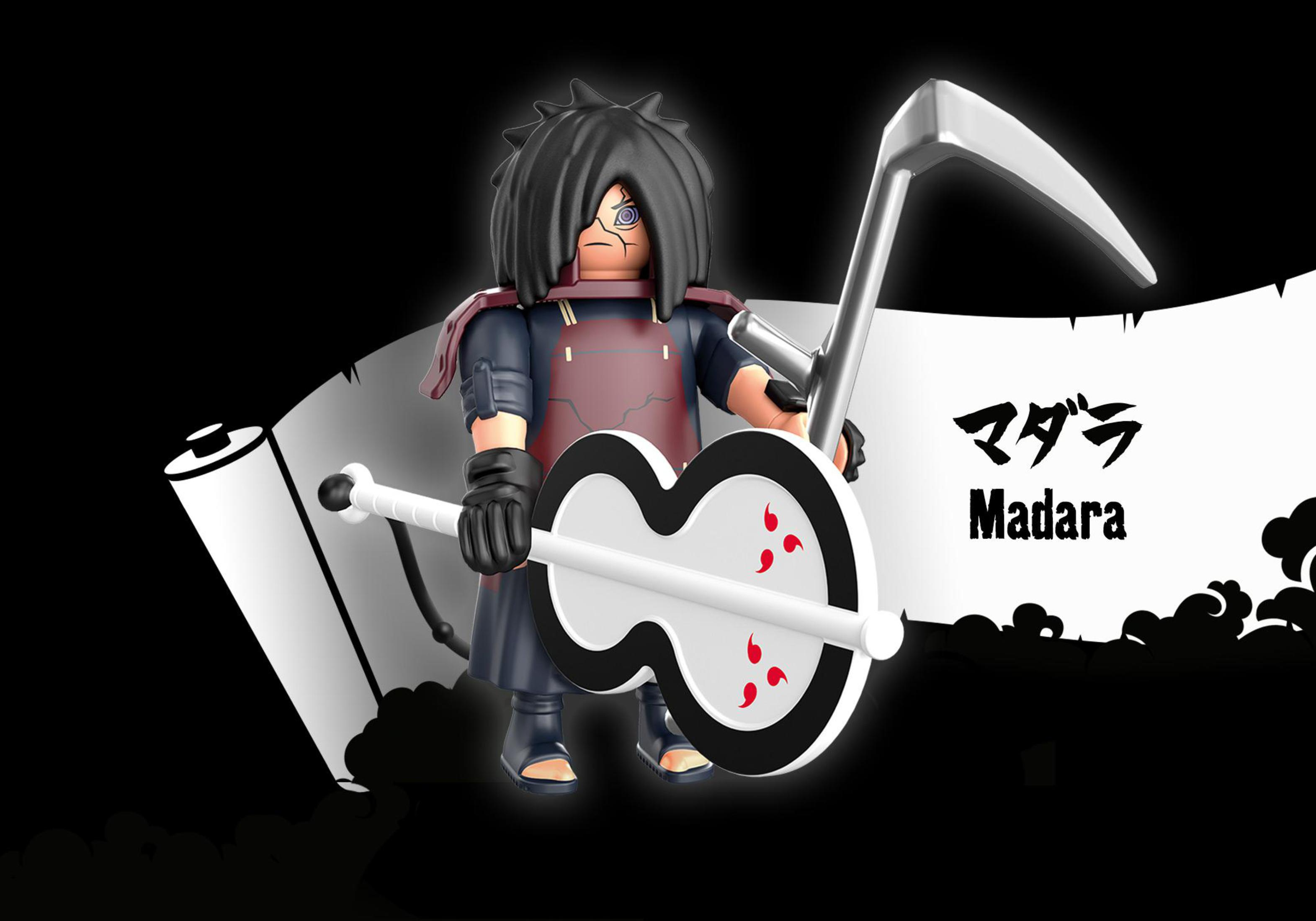 Eine Madara-Figur mit einer Waffe und einer Schriftrolle. Die Figur hat schwarze Haare und ein rot-schwarzes Outfit, mit einer weißen Waffe.