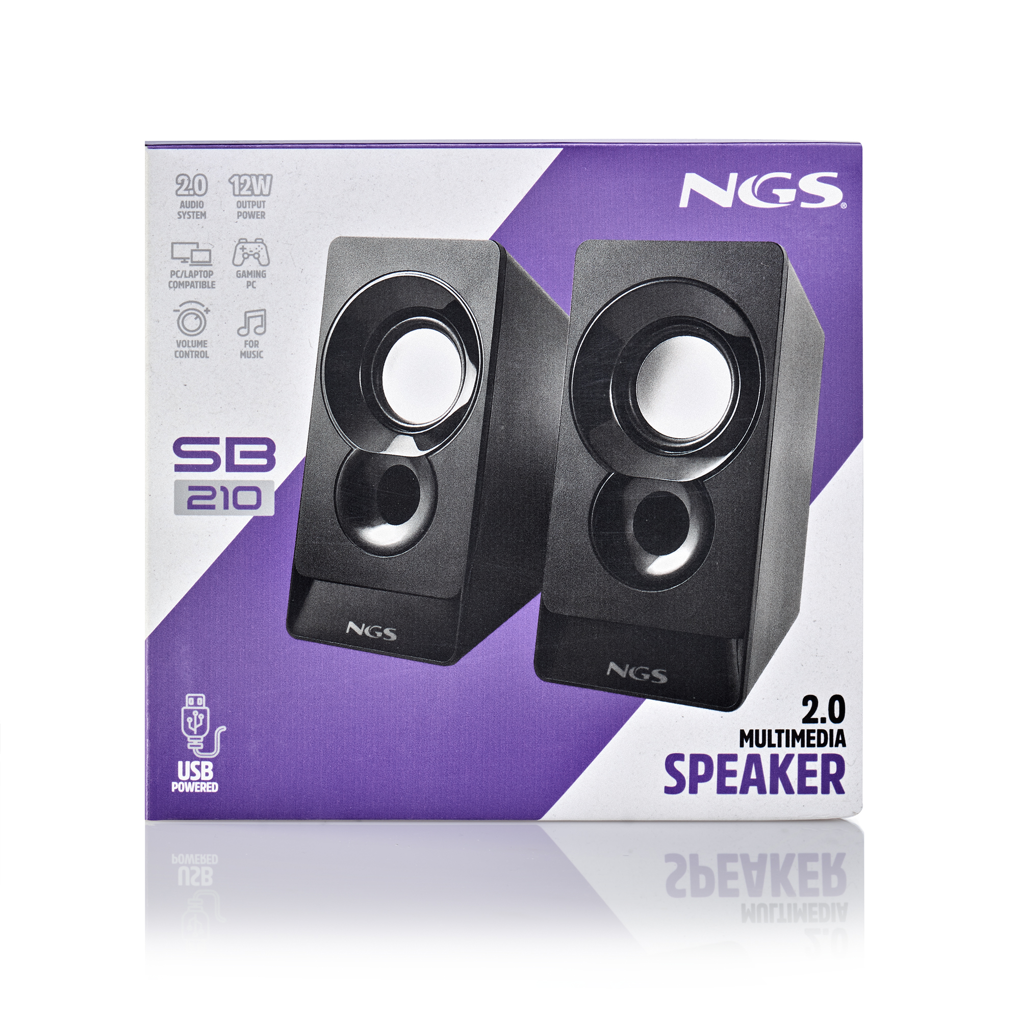 Eine Schachtel mit schwarzen NGS SB 210 Lautsprechern. Merkmale sind USB-Stromversorgung, 2.0 Multimedia und Lautstärkeregelung.