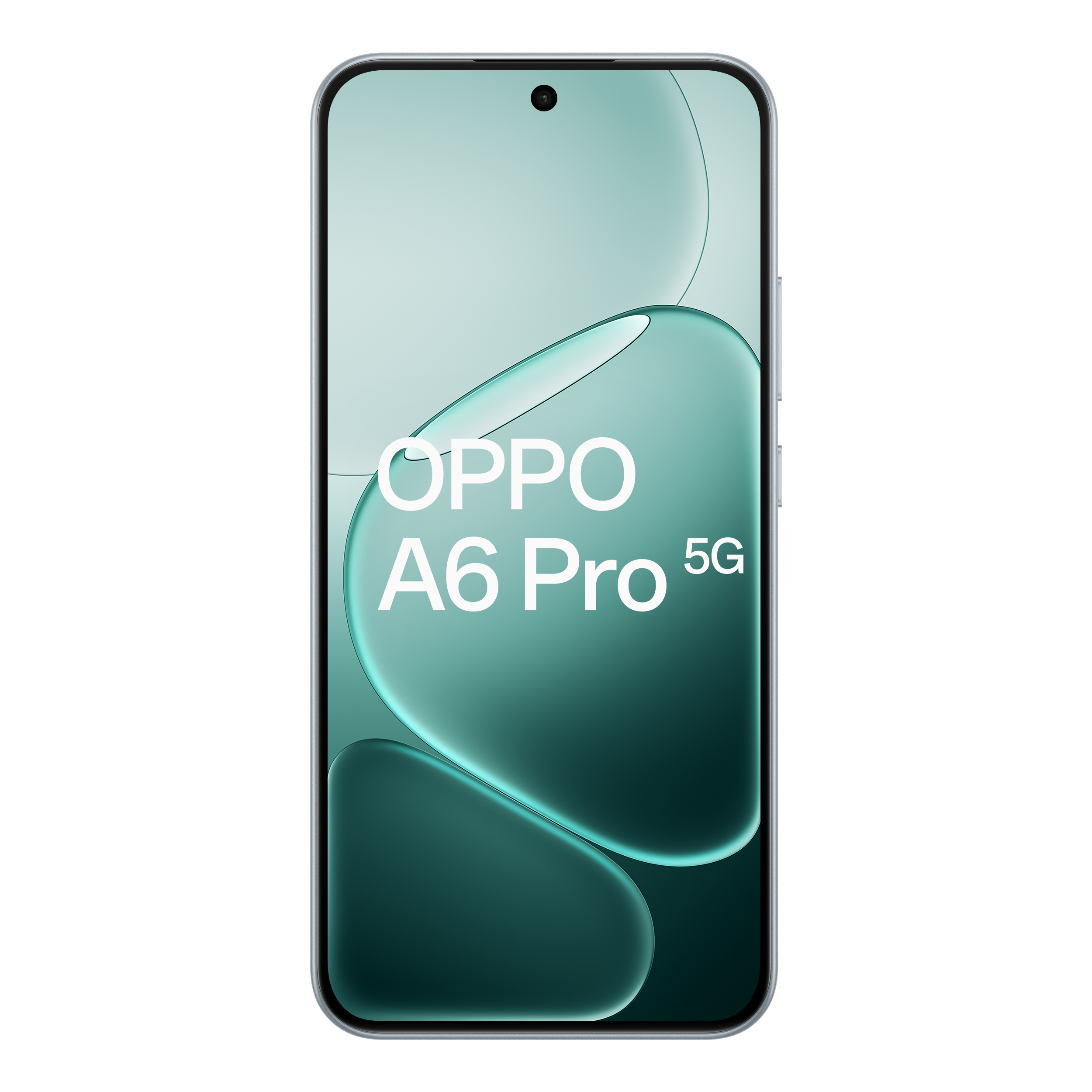 OPPO A6 Pro 5G smartphone. The screen shows a teal background with white text and a camera at the top.