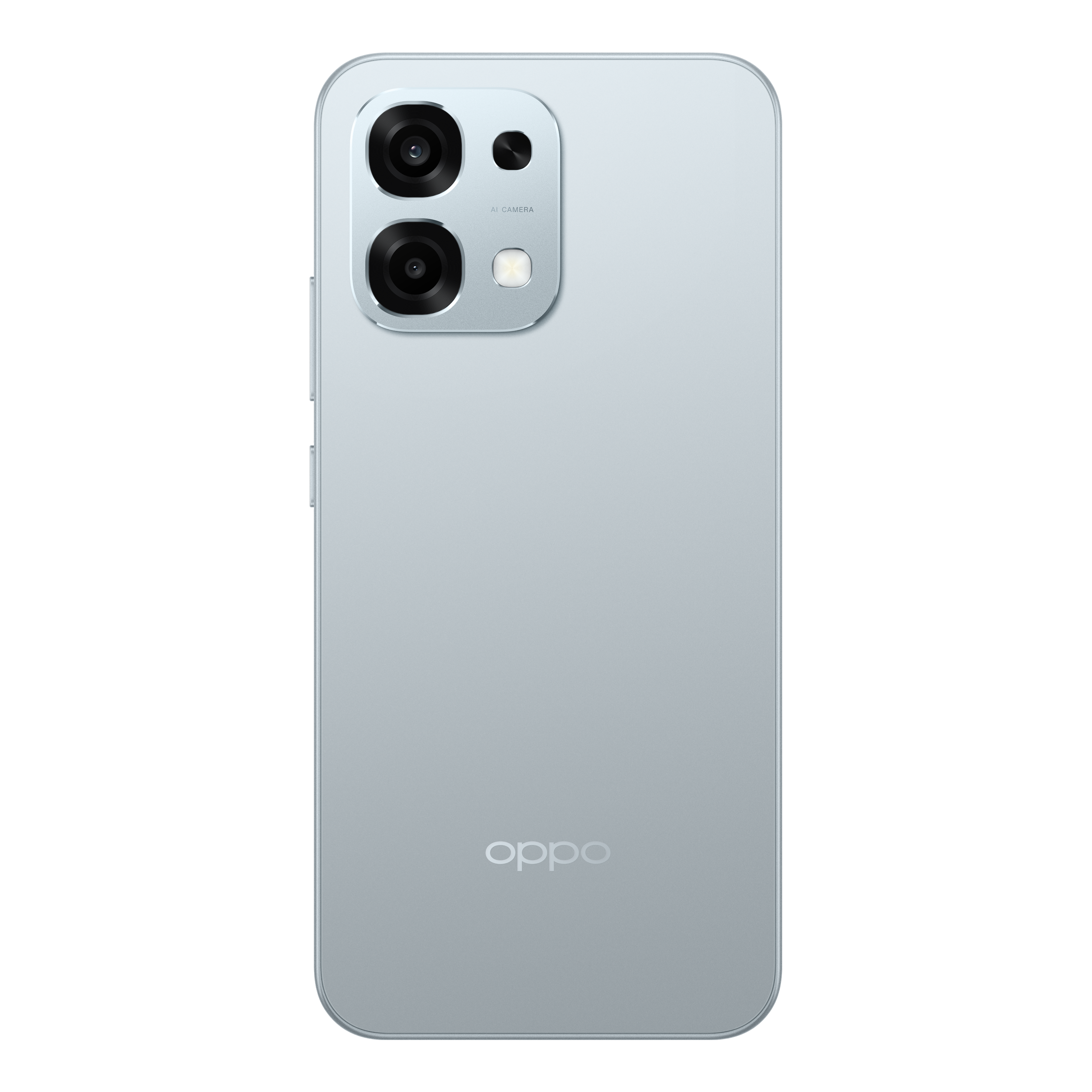 A light blue Oppo phone. It has a camera module with two lenses and a flash. The Oppo logo is at the bottom.