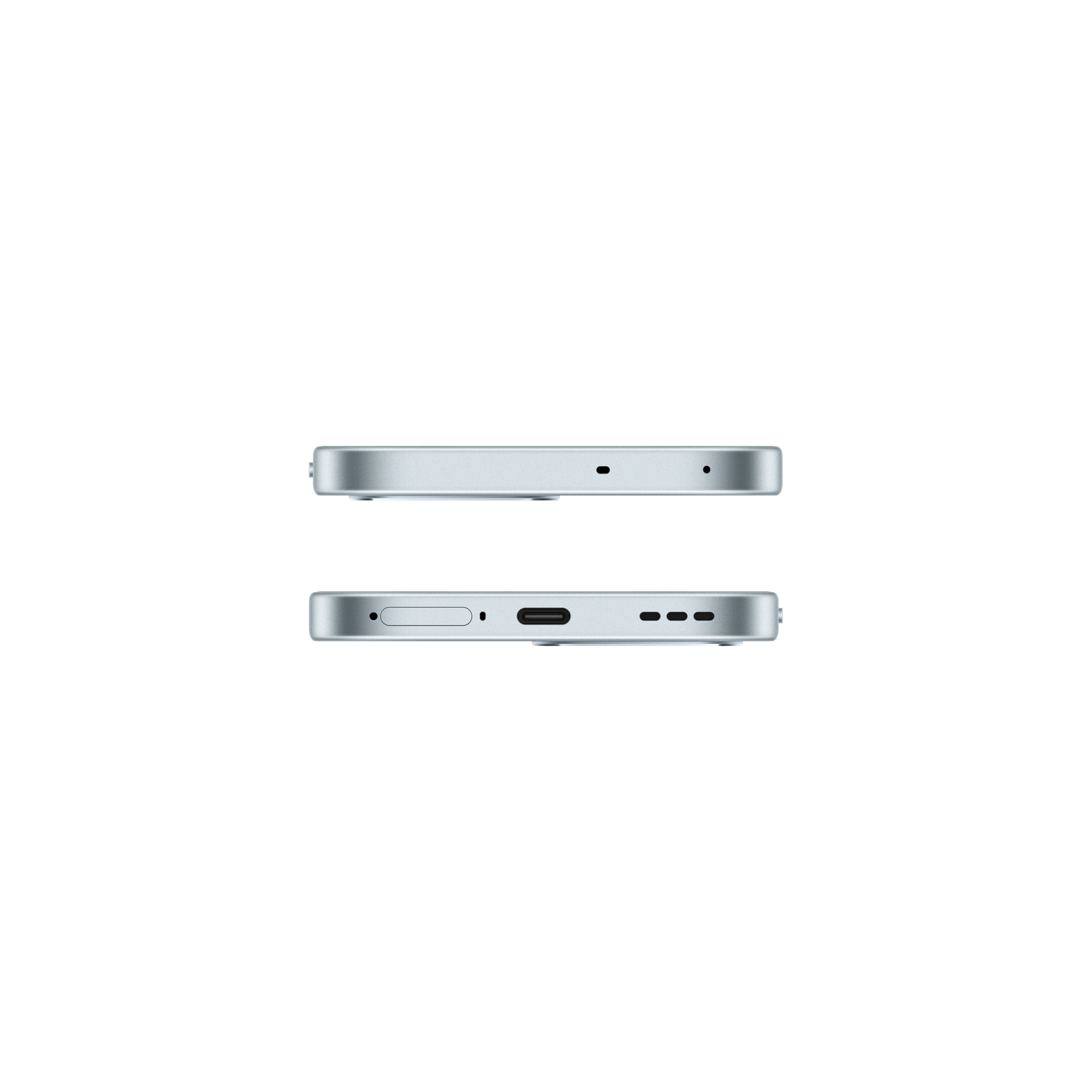 Two silver cell phone edges are shown on a white background. Top: camera/mic holes. Bottom: port and card slot.