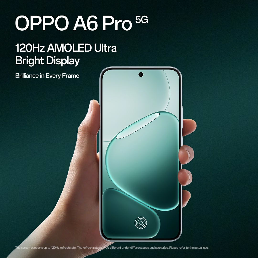 A hand holding an OPPO A6 Pro 5G phone. The phone displays a teal design. Text includes '120Hz AMOLED Ultra Bright Display'.