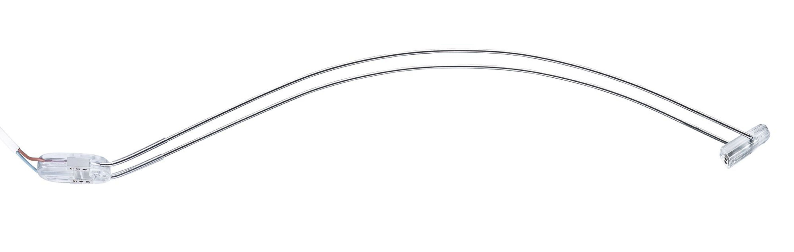 Zakrzywiona metalowa oprawa oświetleniowa z przewodami i przezroczystymi plastikowymi złączami na białym tle.