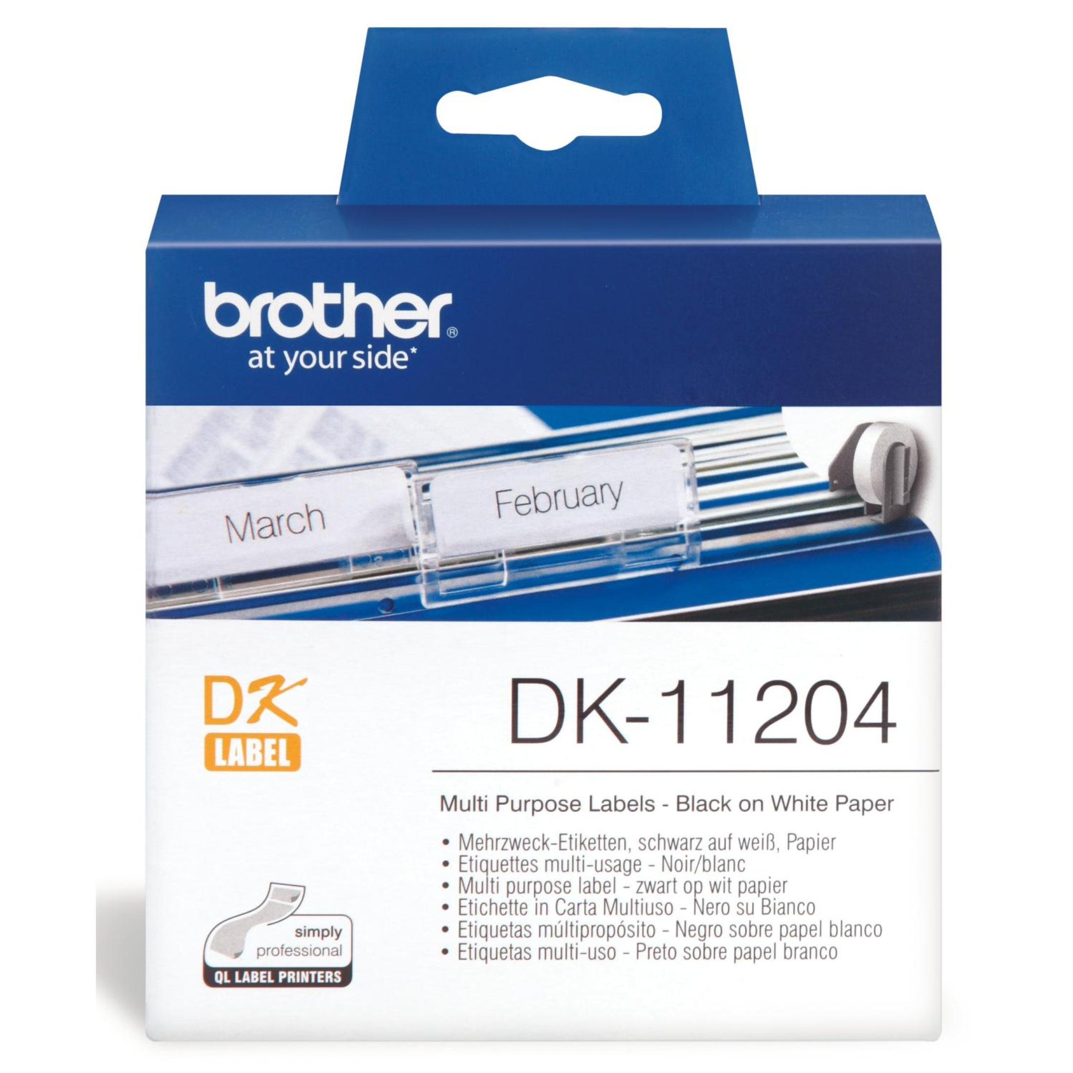 Una scatola blu Brother con un rotolo di etichette bianco. Il testo include 'DK-11204 Multi Purpose Labels' e 'Marzo' e 'Febbraio'.