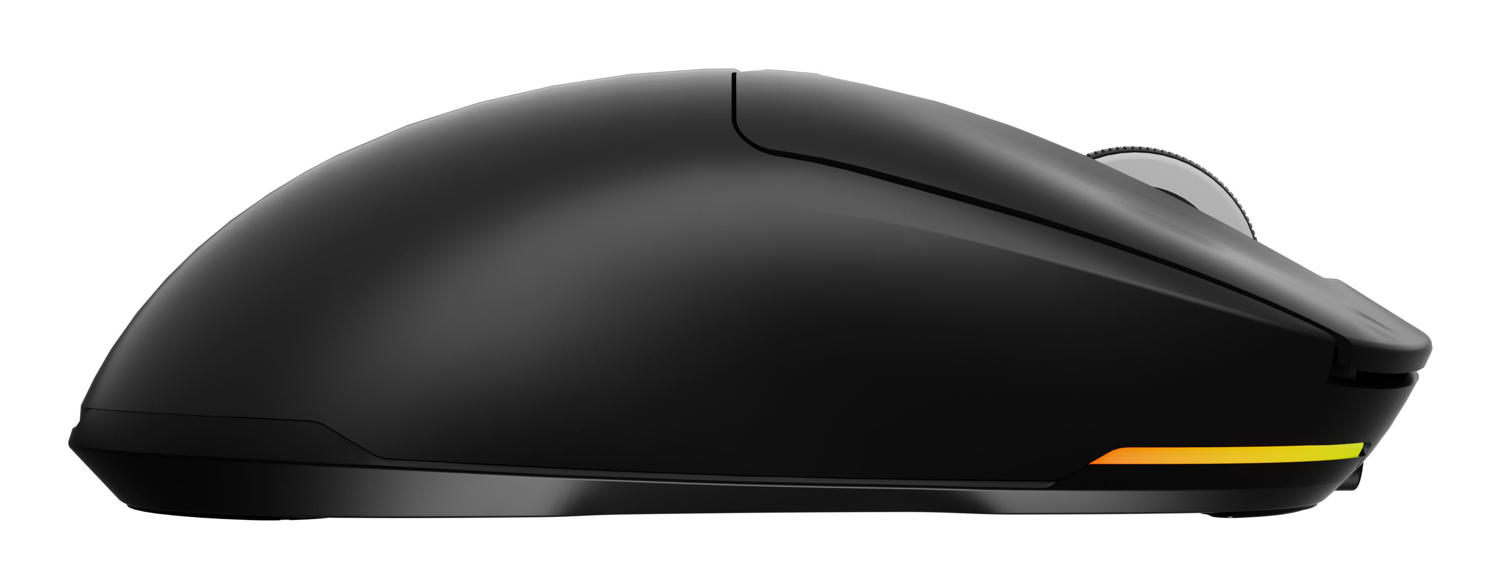 Czarna, ergonomiczna mysz komputerowa. Posiada kółko przewijania i spód z pomarańczowo-żółtym paskiem świetlnym.