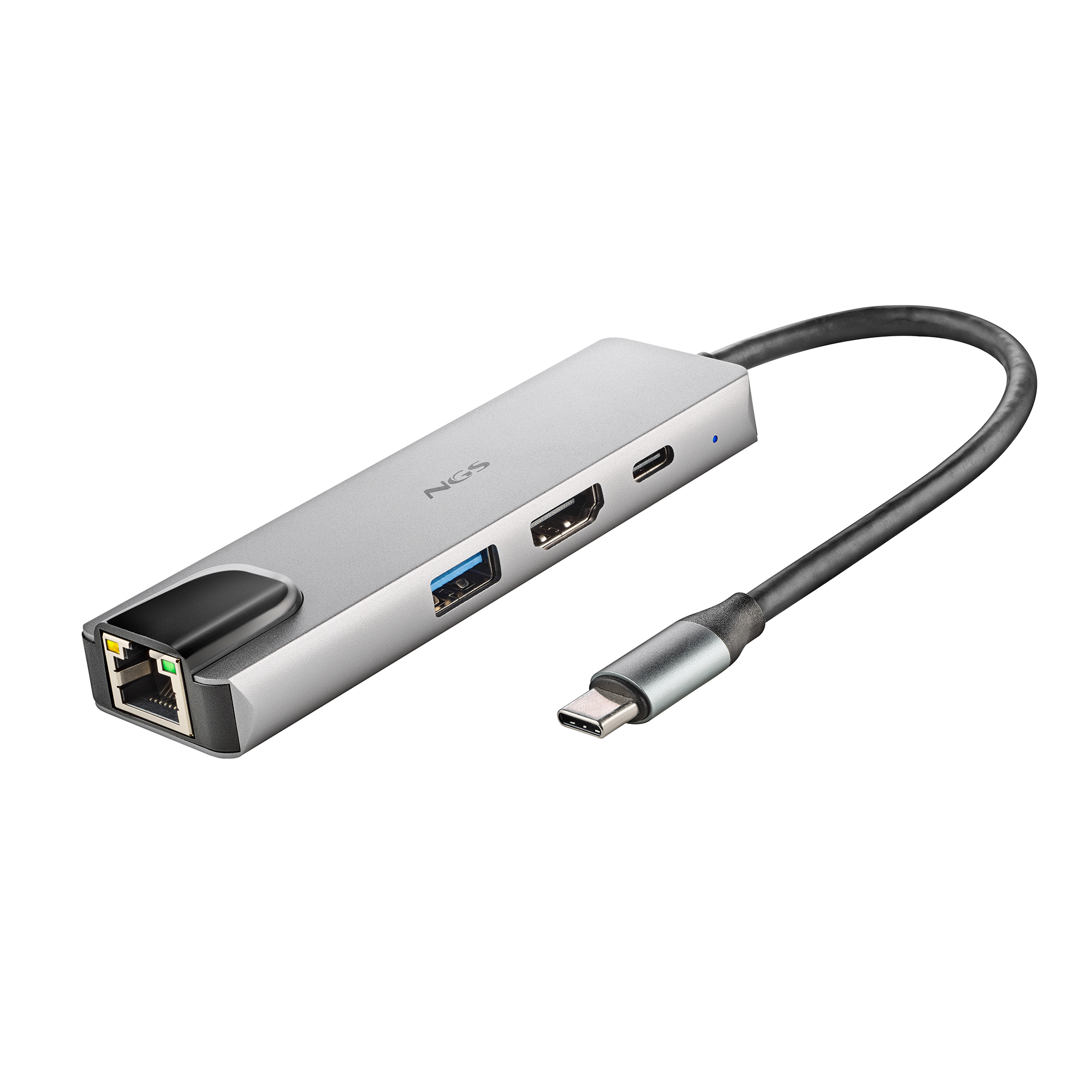 Silberner NGS USB-C-Hub mit mehreren Anschlüssen. Enthält USB-, HDMI-, Ethernet- und USB-C-Anschlüsse, mit Kabel und weißem Hintergrund.