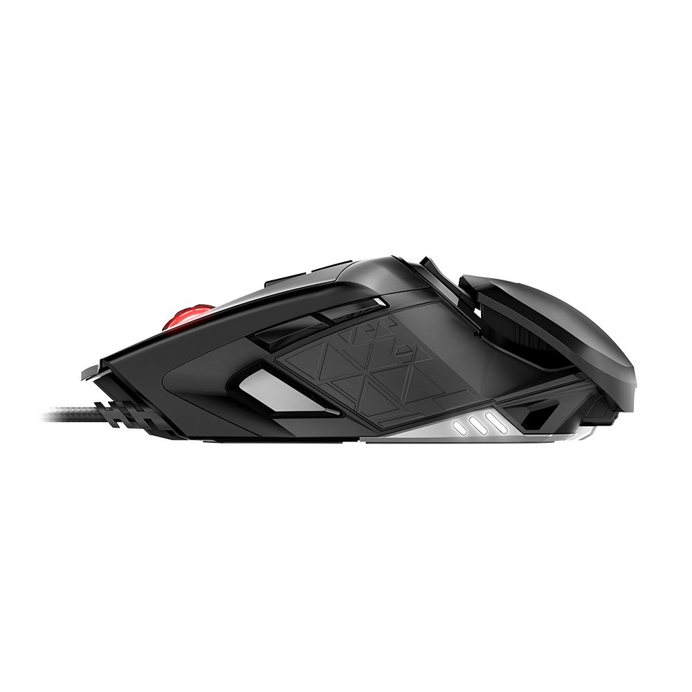 A black gaming mouse with a red button. The design has geometric patterns and is set against a white background.