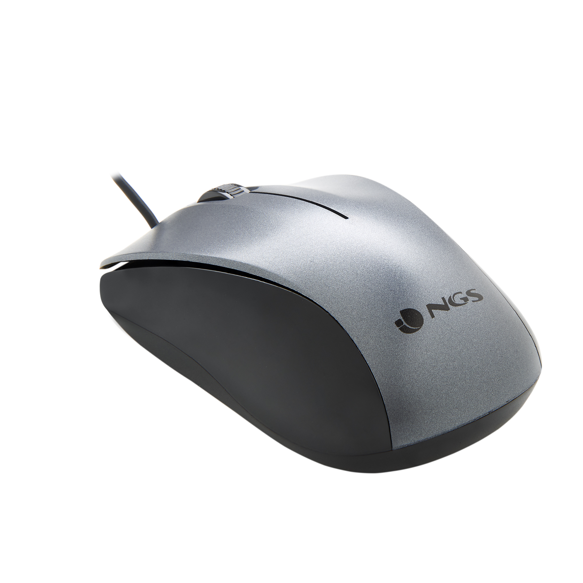 Un ratón de ordenador gris y negro con rueda de desplazamiento y cable. El ratón tiene el logotipo de NGS.