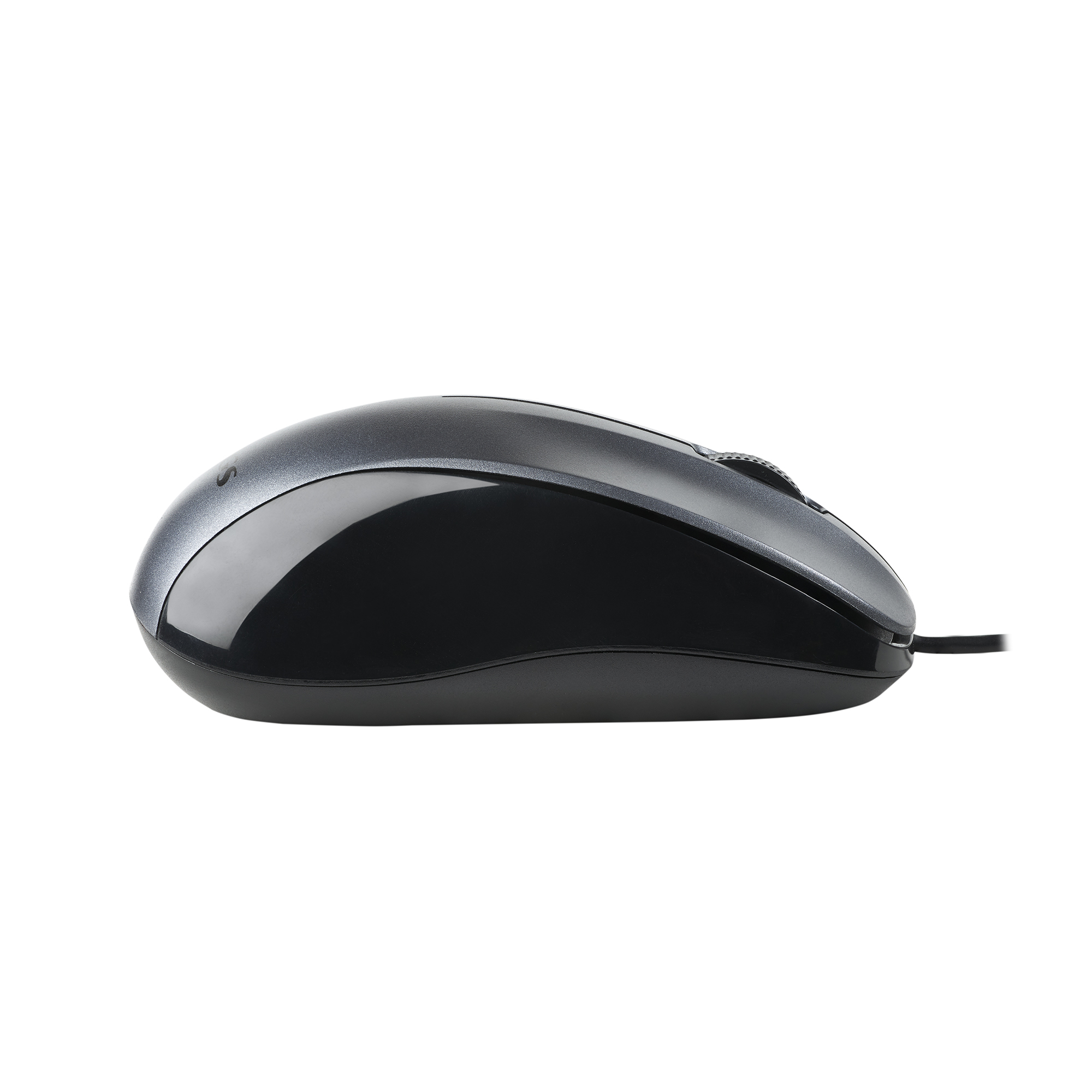 Un ratón de computadora negro con la parte superior gris y una rueda de desplazamiento, sobre un fondo blanco.