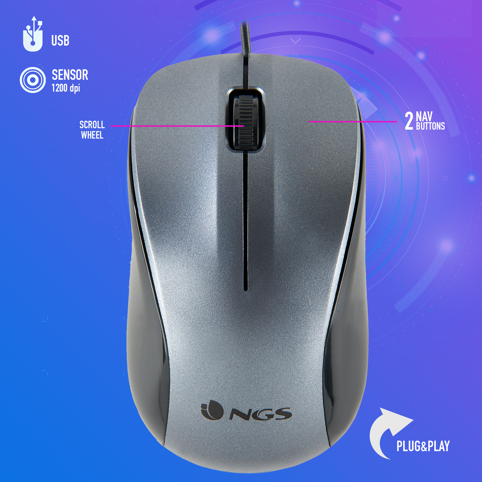 Un ratón de computadora plateado y negro. Tiene una rueda de desplazamiento, dos botones de navegación y conexión USB. El logotipo dice 'NGS'.