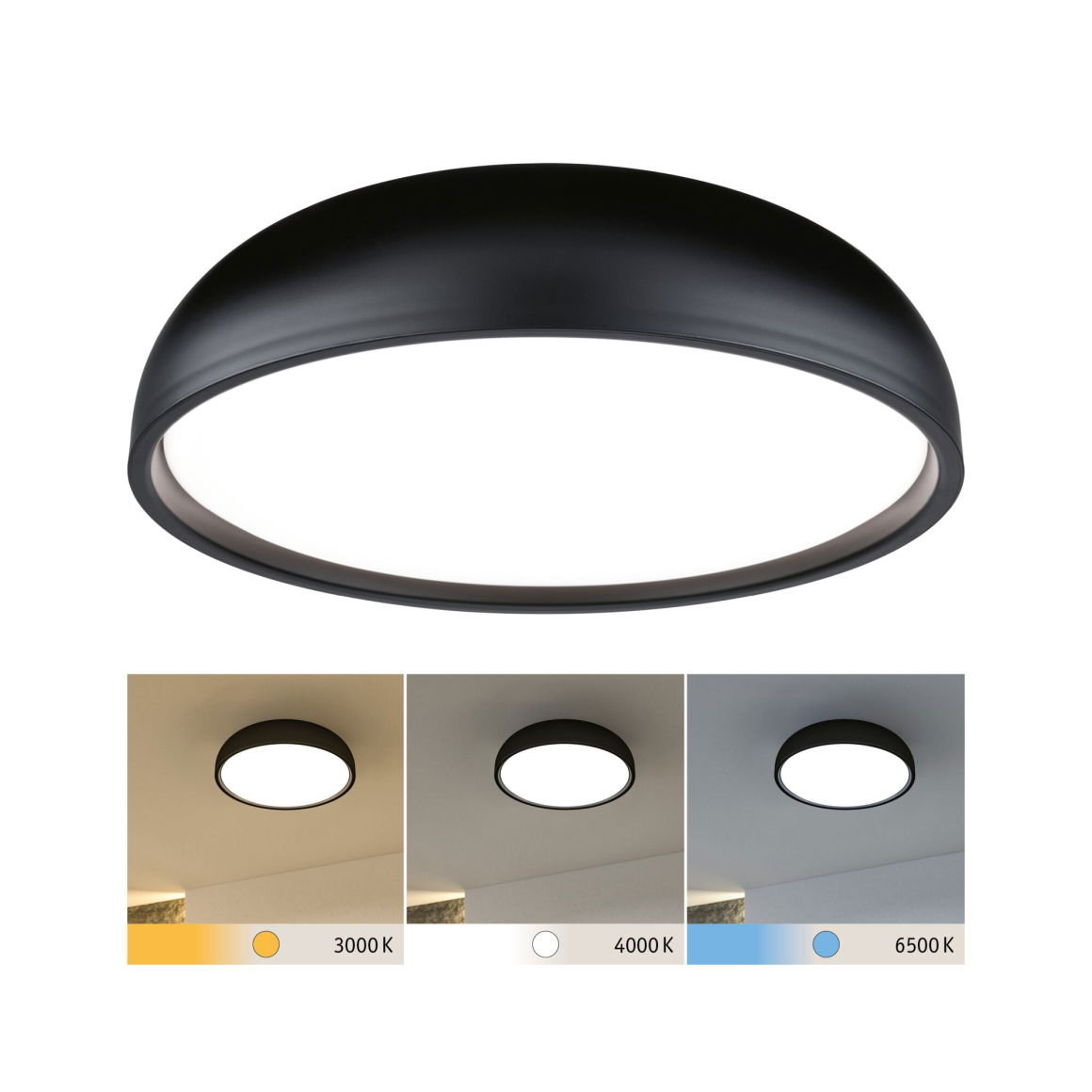 Czarna, kopulasta lampa sufitowa z białym światłem wewnętrznym. Trzy mniejsze obrazy pokazują temperatury barwowe: ciepłą, neutralną i chłodną.