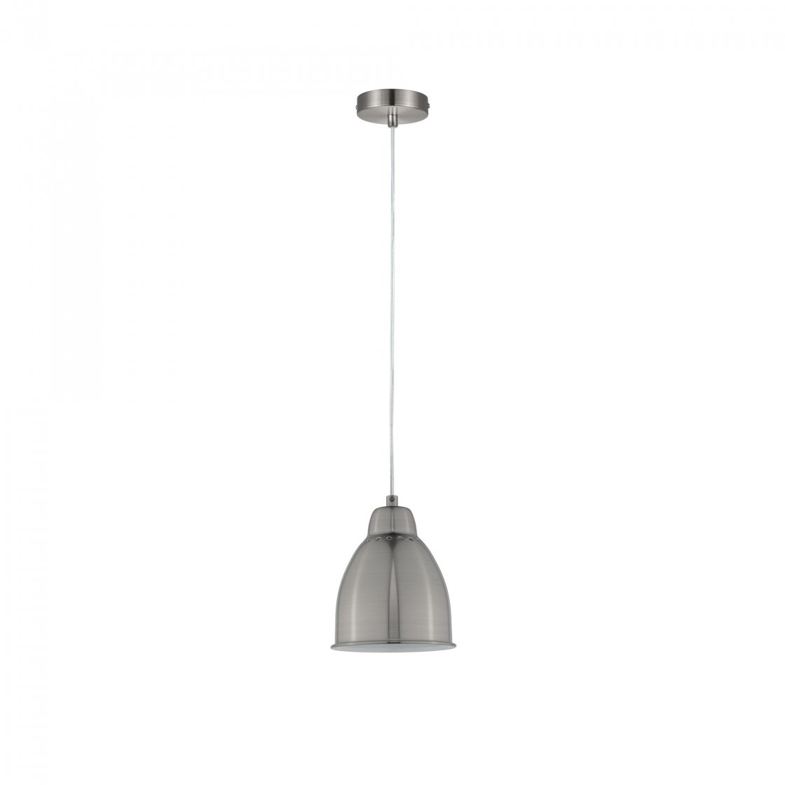 Una lampada a sospensione in metallo spazzolato è appesa a un cavo bianco su uno sfondo bianco. La lampada ha una forma arrotondata a campana.