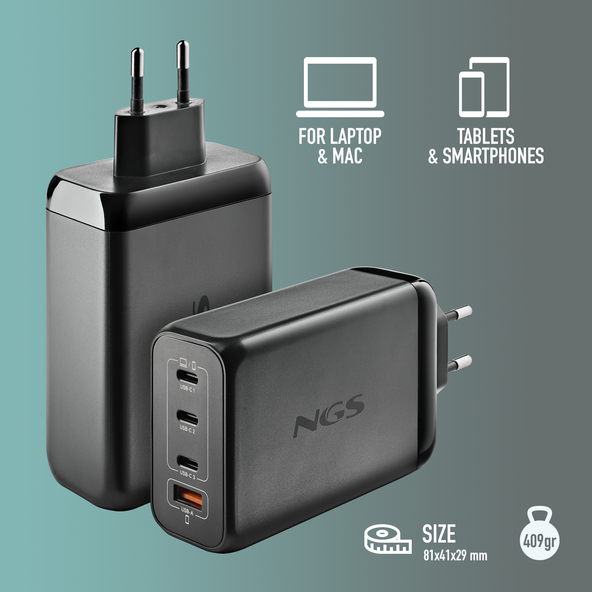 Caricabatterie NGS nero con 4 porte USB, due spine e testo: Per Laptop e Mac, Tablet e Smartphone. Dimensione: 81x41x29mm.