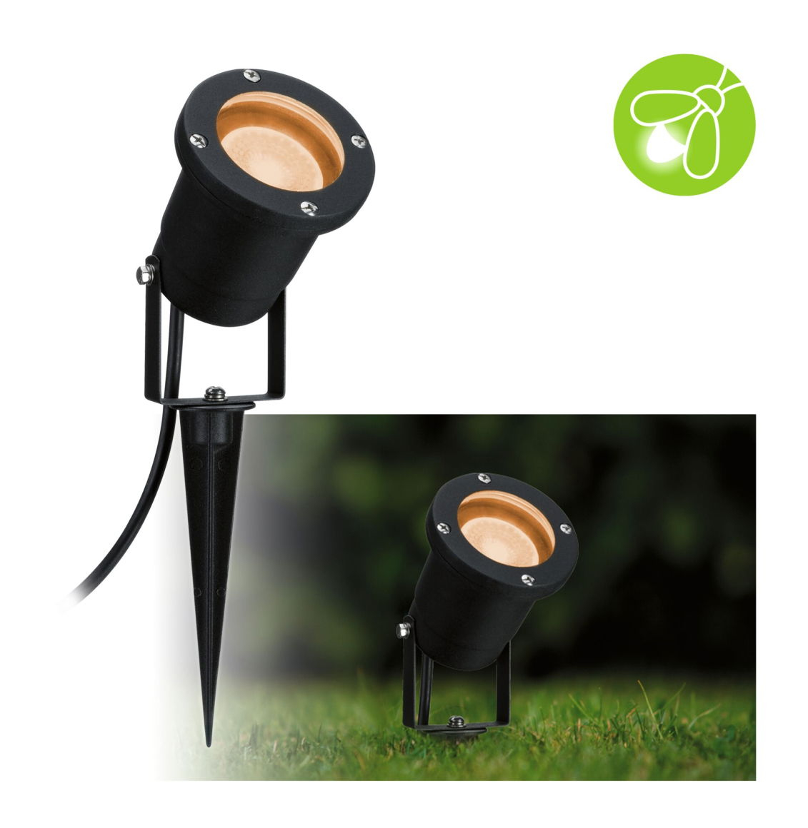 Due faretti neri sull'erba. Uno è montato su un picchetto. Un'icona verde di una lampadina sullo sfondo.
