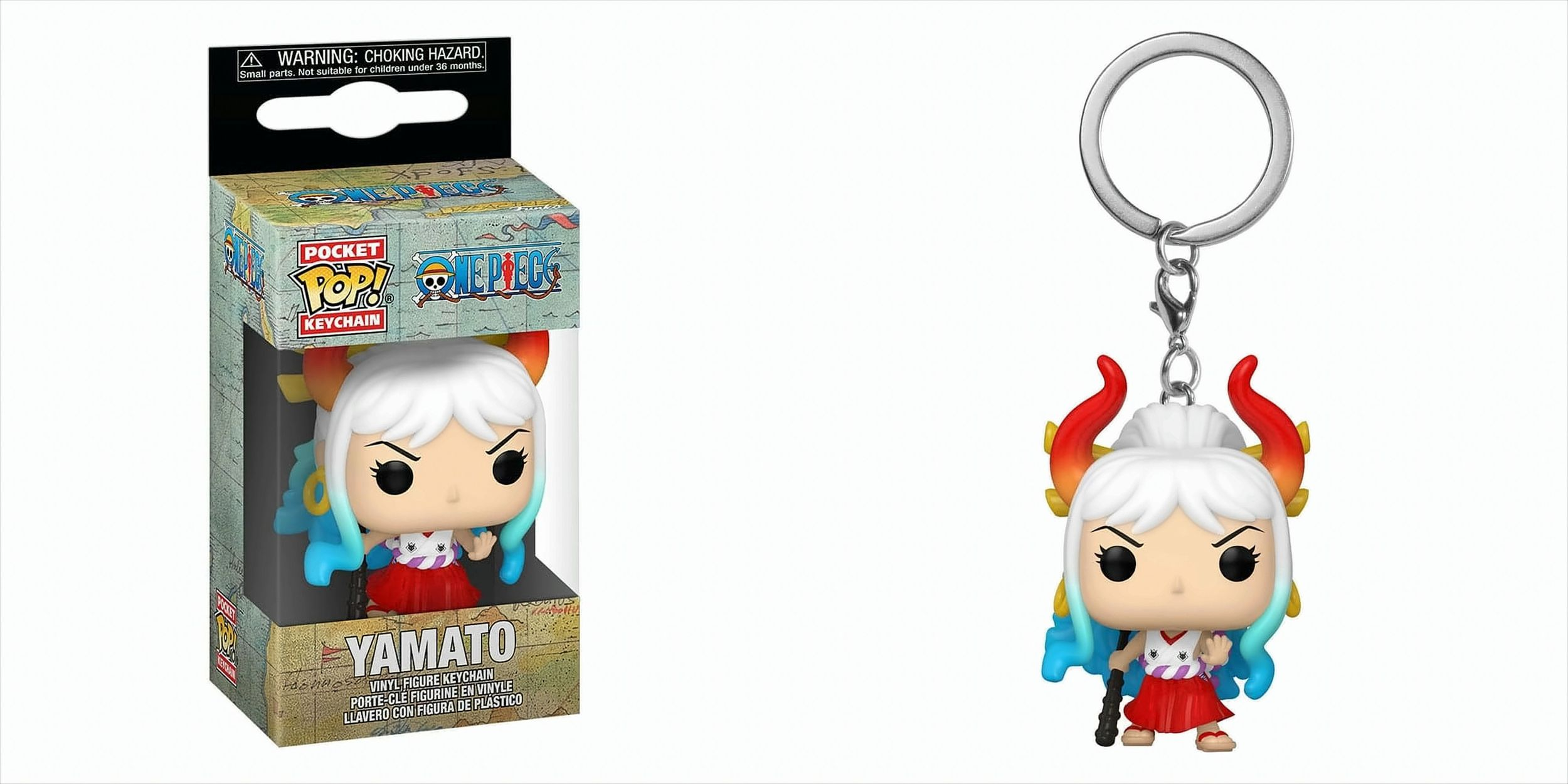 Eine Yamato Pocket Pop! Schlüsselanhängerfigur, mit und ohne Box. Die Figur hat weiße Haare, rote Hörner, einen roten Rock und blaue Akzente.