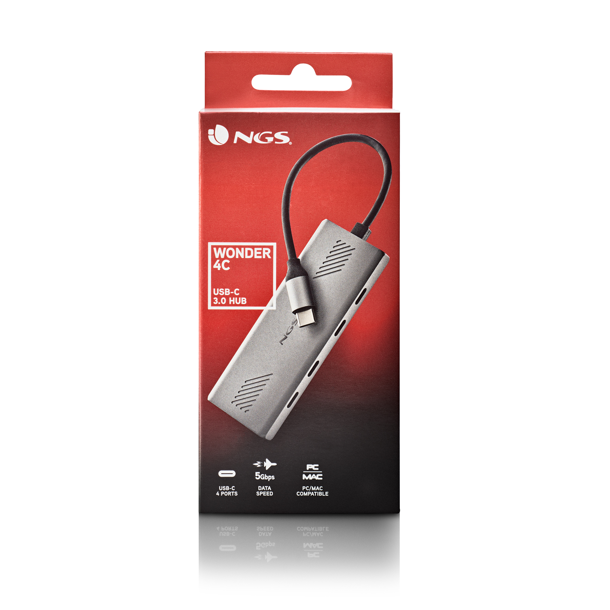 Ein silberner USB-C-Hub mit der Aufschrift 'WONDER 4C' wird auf einer rot-schwarzen Box angezeigt. Details sind 4 Anschlüsse, 5 Gbit/s Datengeschwindigkeit und PC/MAC-Kompatibilität.