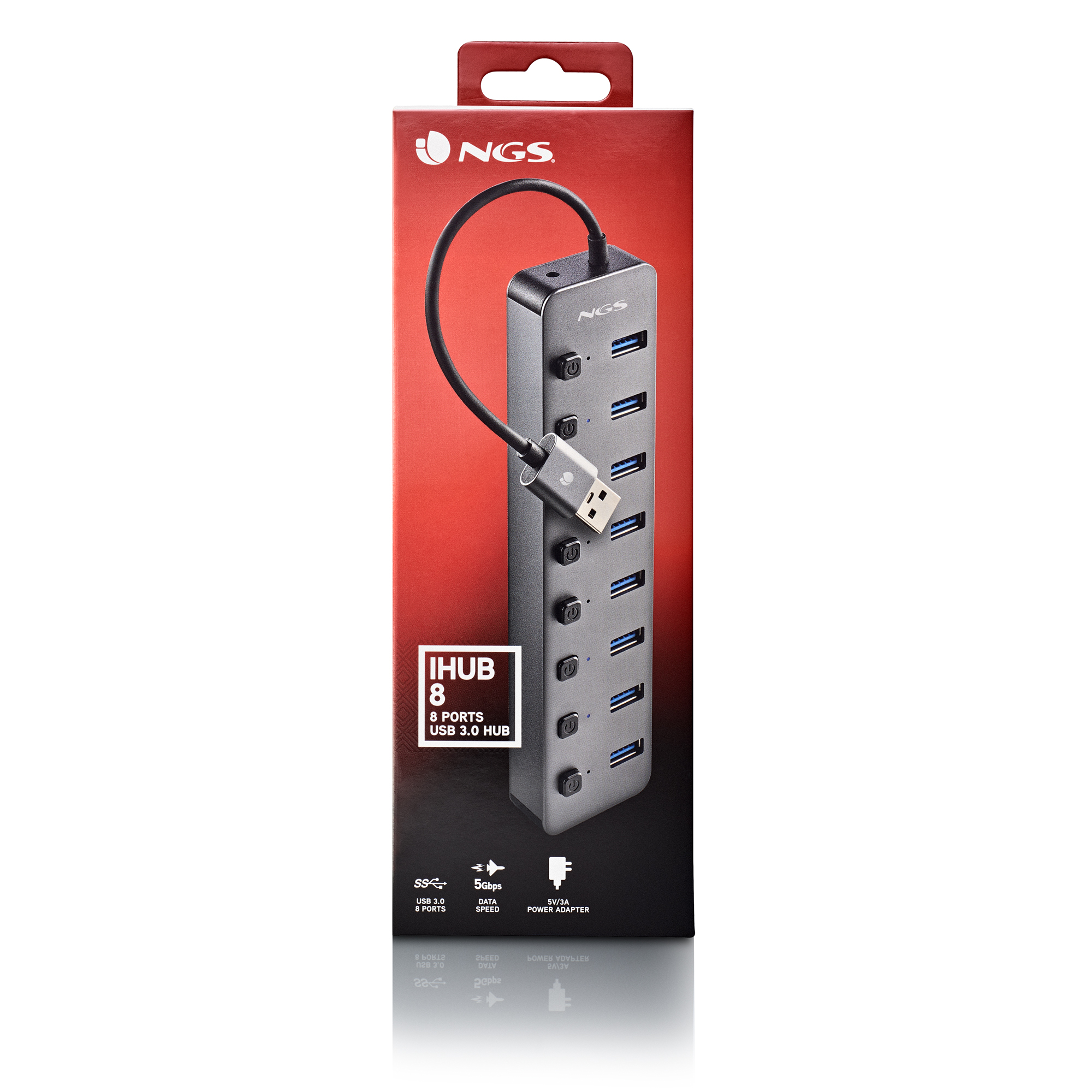 Eine Produktverpackung für einen NGS iHub 8-Port-USB-3.0-Hub. Der Hub ist grau mit blauen USB-Anschlüssen und einem Kabel mit USB-Anschluss.