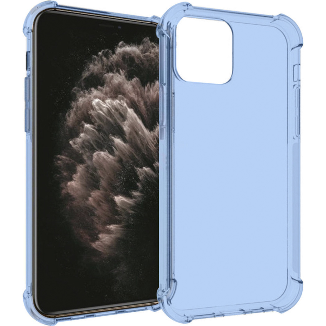 Un smartphone avec une coque de protection bleue. L'écran affiche une image floue et abstraite. L'étui est transparent et a un design rigide.