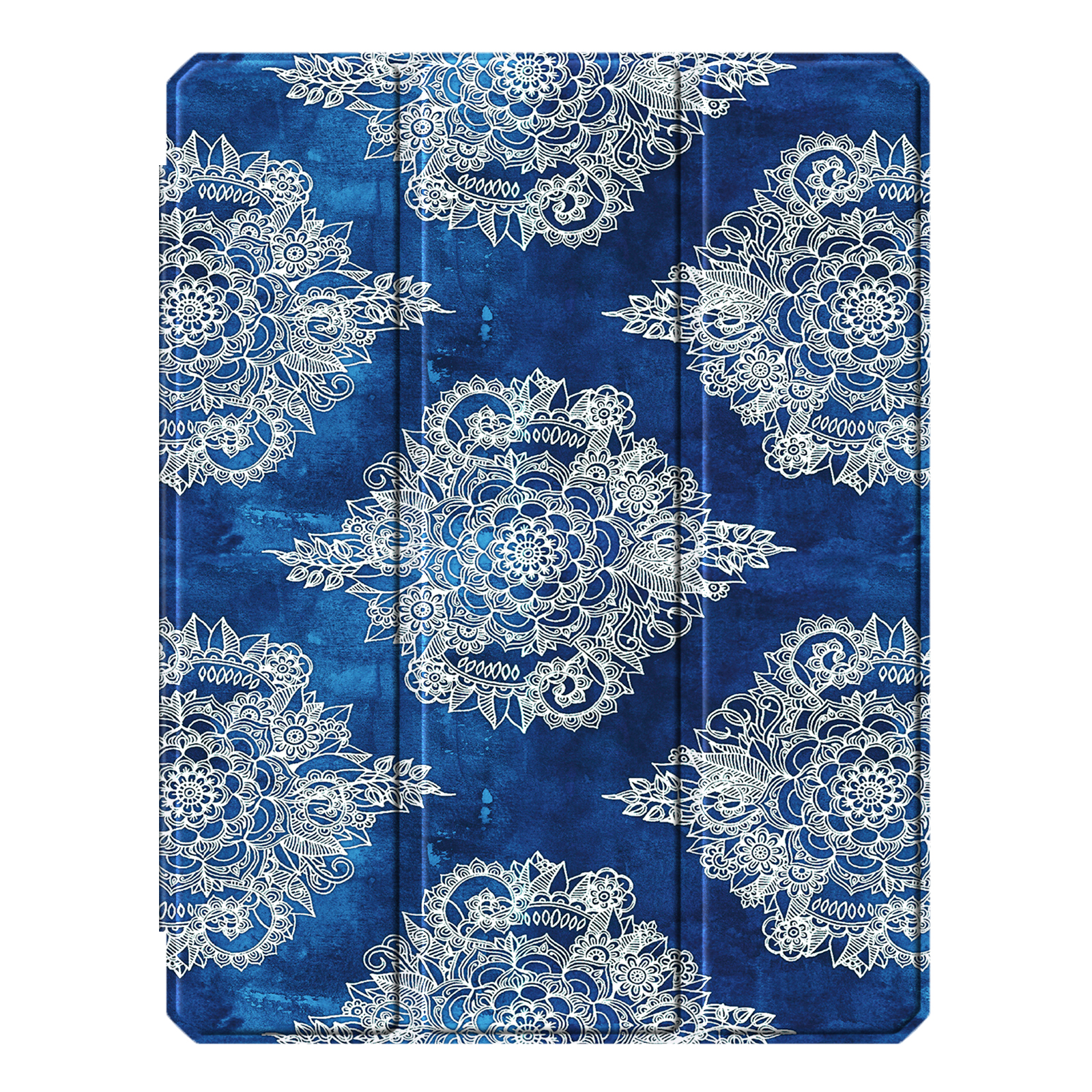 Eine blaue Tablethülle mit weißem floralem Mandala-Design. Das Muster wiederholt sich.