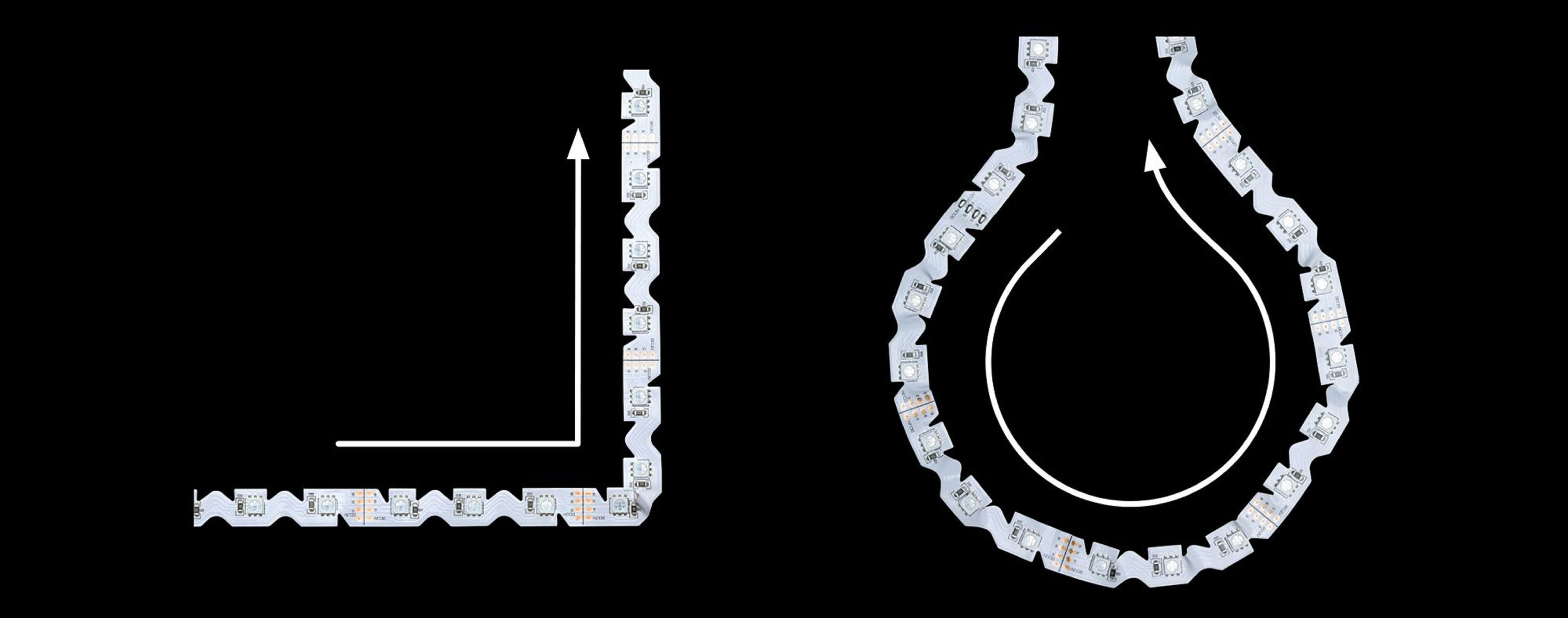 Paski LED ułożone w dwóch kształtach: kąt prosty i łza. Białe strzałki wskazują kierunek przepływu światła na czarnym tle.