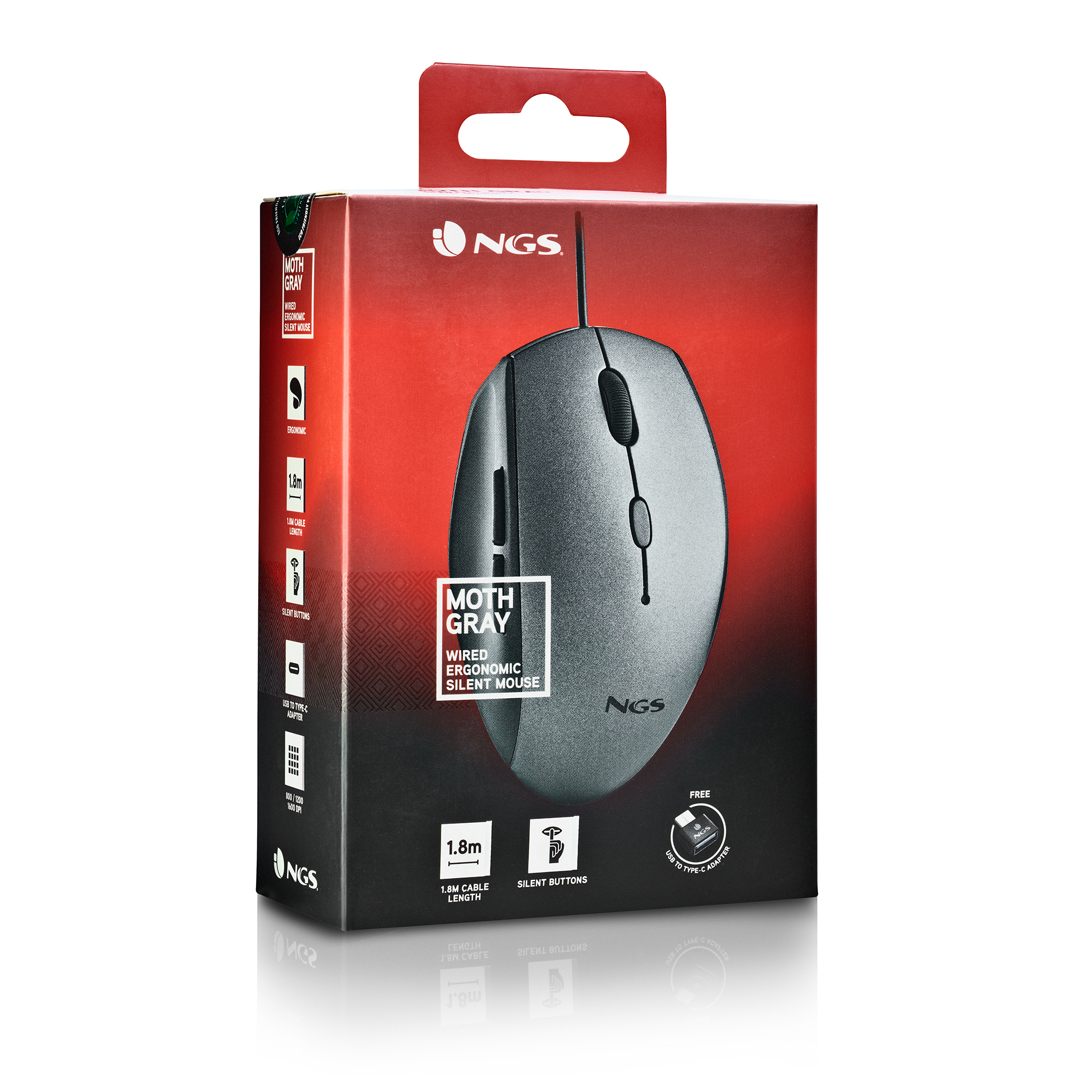 Pudełko na szarą, ergonomiczną, cichą mysz. Ma markę NGS. Pudełko jest czerwono-czarne.