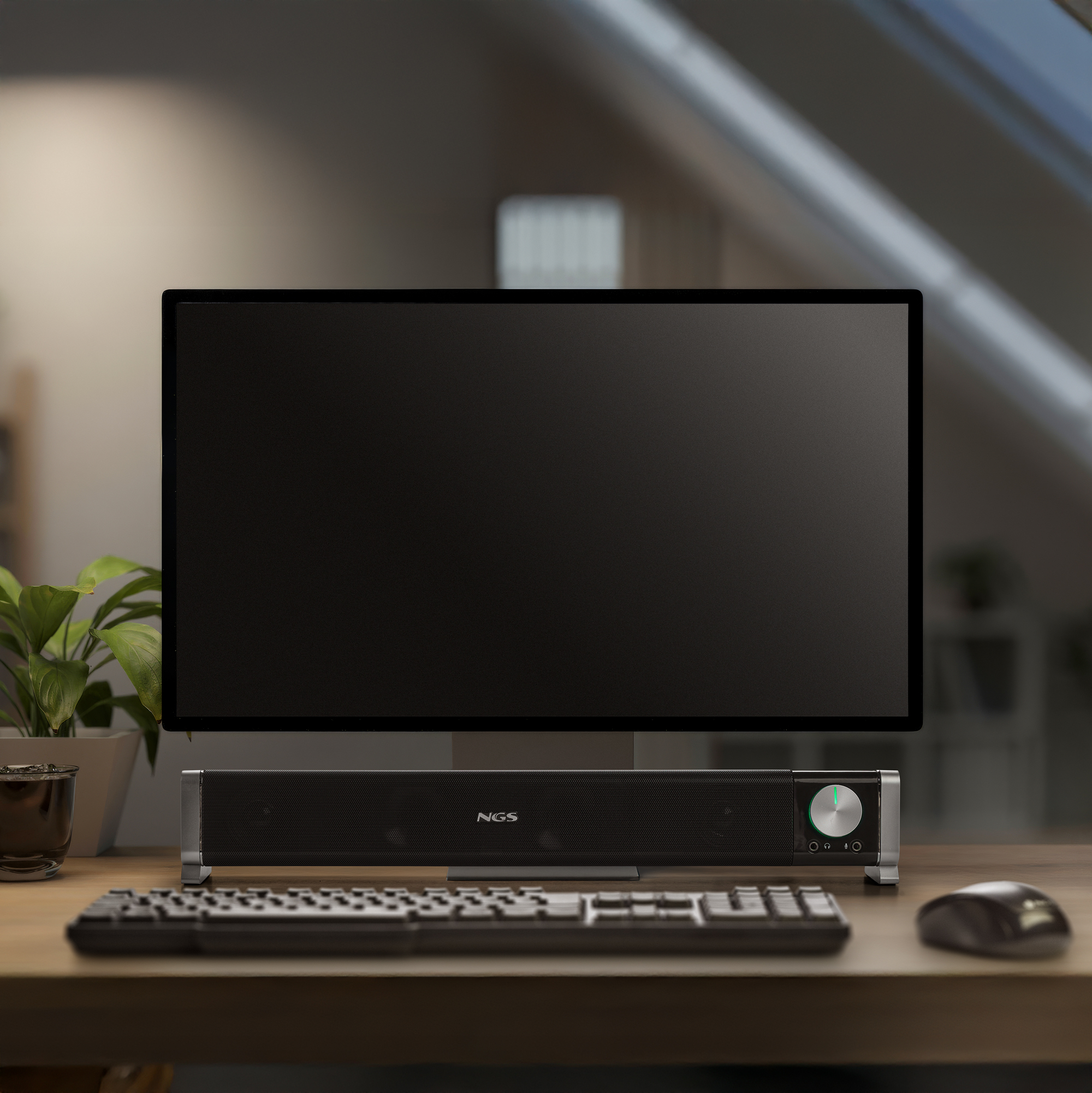 Un monitor del computer, una soundbar, una tastiera e un mouse sono su una scrivania di legno. A sinistra c'è una pianta.