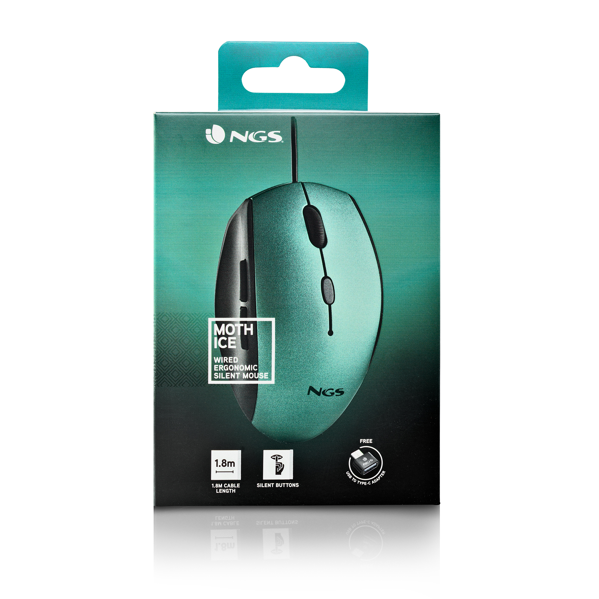 Eine türkisfarbene Computermaus auf einer Schachtel. Auf der Schachtel steht 'Moth Ice', 'Wired Ergonomic Silent Mouse' und 'NGS'.