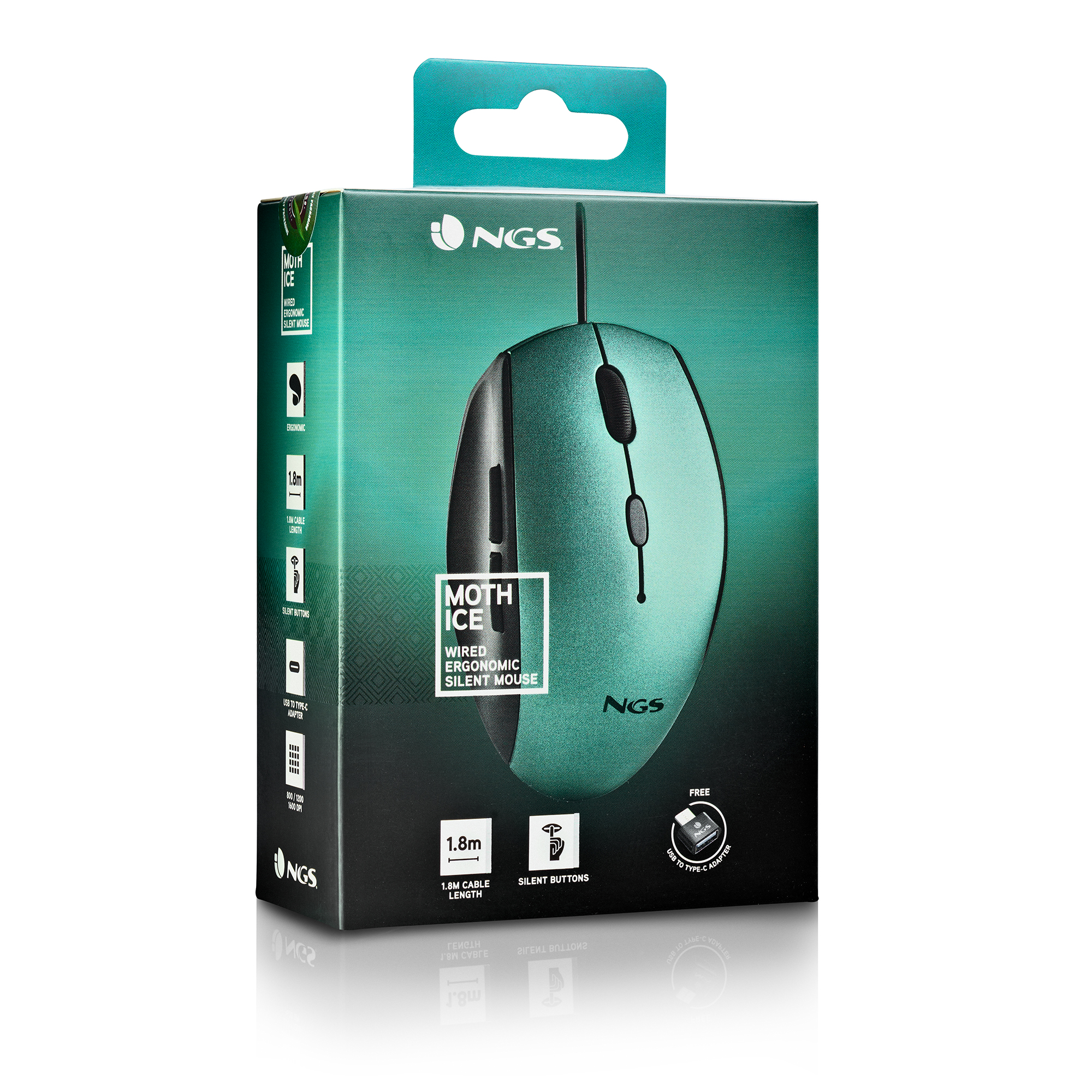 Eine teal Box zeigt eine teal ergonomische, geräuschlose Maus. Die Marke ist NGS. Merkmale sind ein 1,8 m langes Kabel und ein USB-Adapter.