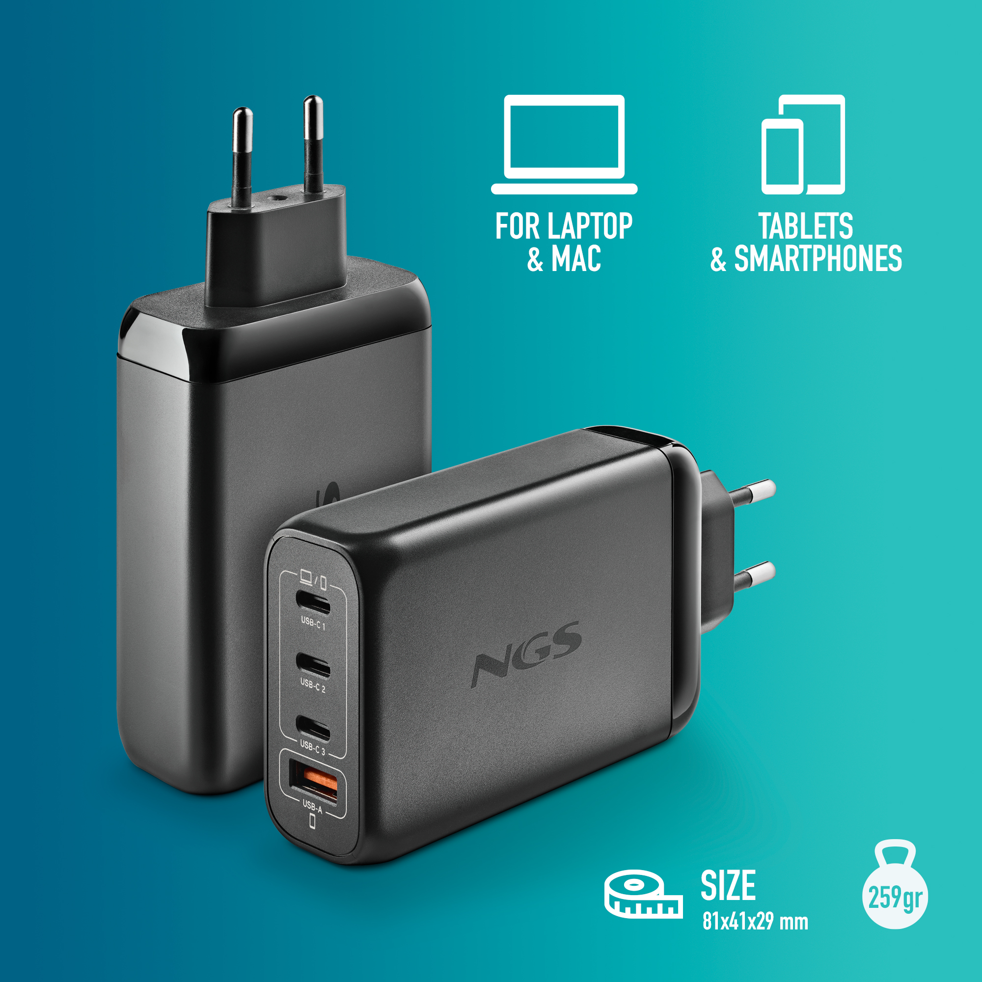 Cargador NGS negro con puertos USB. Presenta iconos de portátil, tableta y smartphone. Detalles de tamaño y peso.