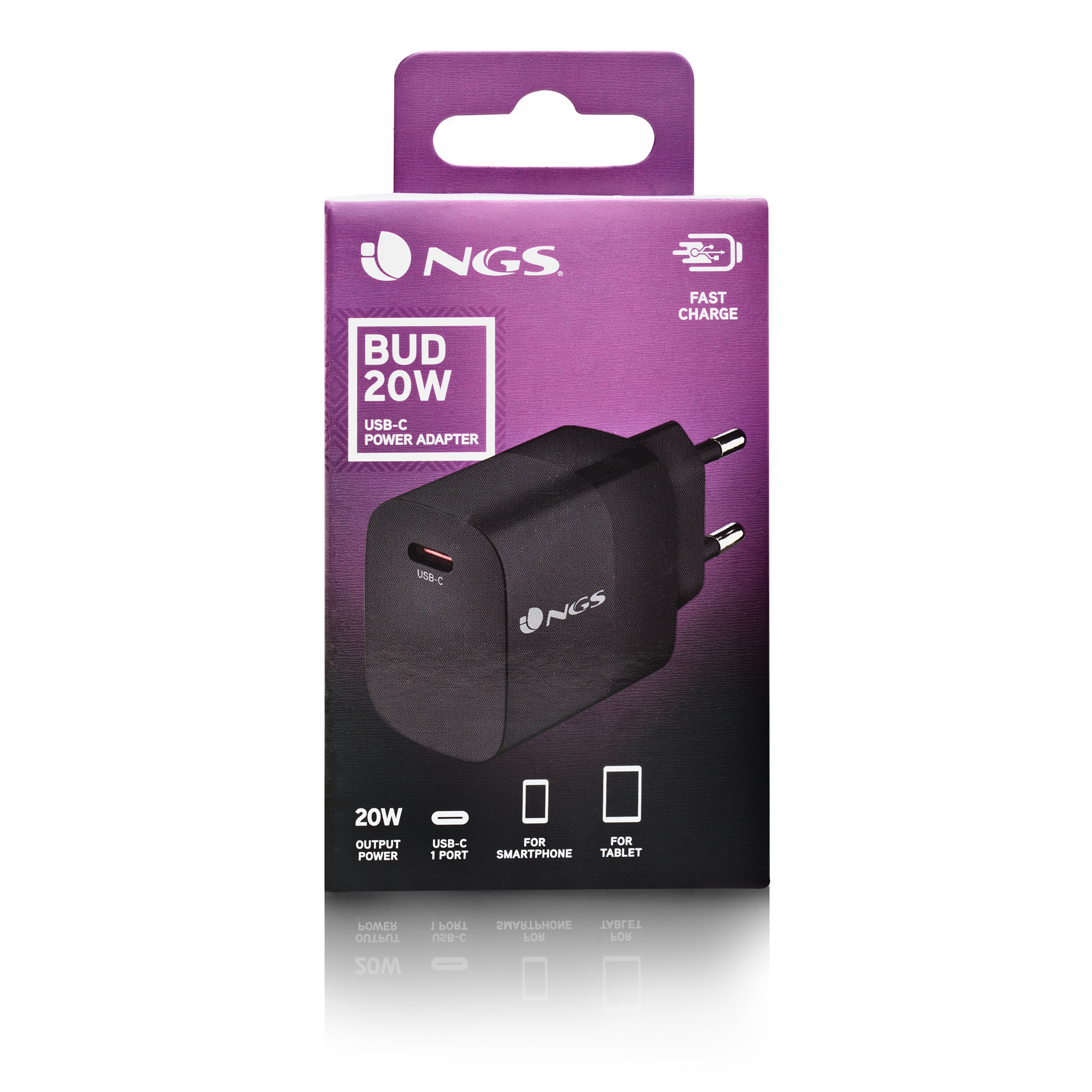 Scatola con un caricatore nero con etichetta 'NGS BUD 20W USB-C Power Adapter', con icone per smartphone e tablet.