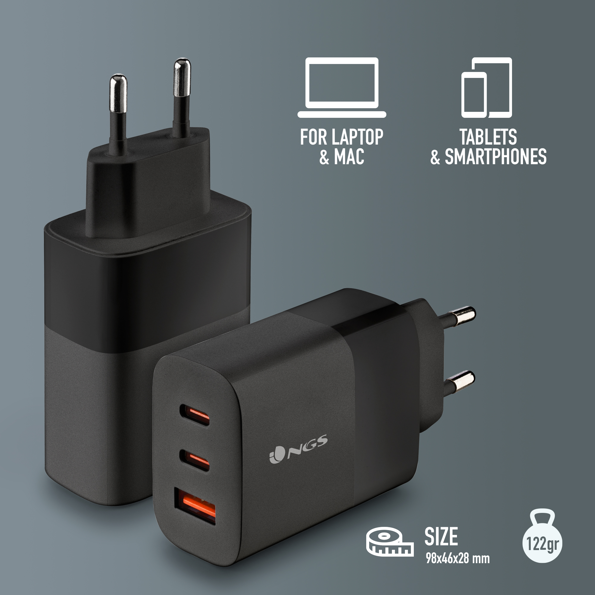 Dos cargadores negros con puertos USB naranjas. Texto: Para Laptop y Mac, Tablets y Smartphones. Tamaño: 98x46x28 mm.