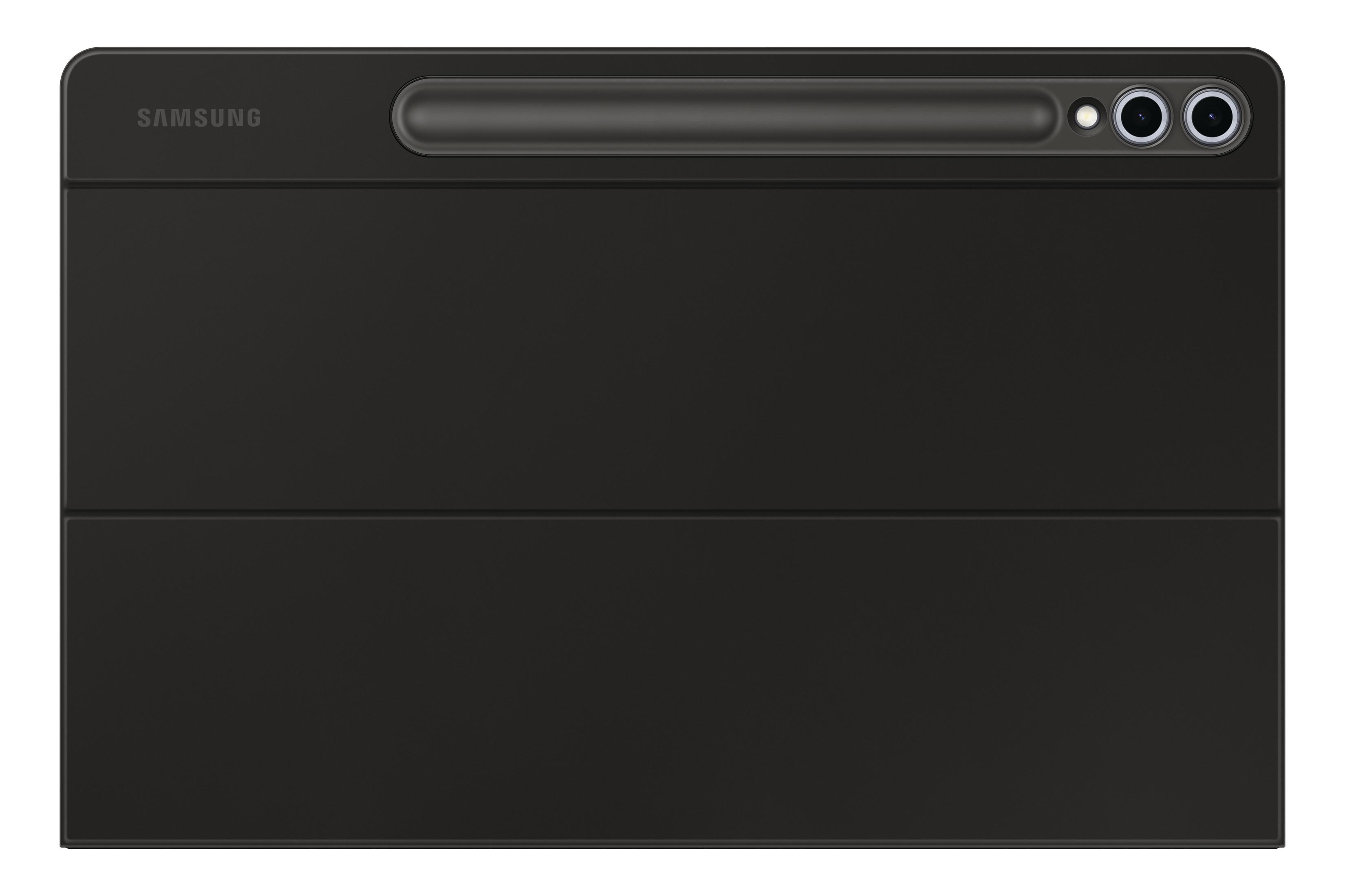 Housse de tablette Samsung noire. Comprend une fente pour stylo, deux caméras et le logo Samsung.