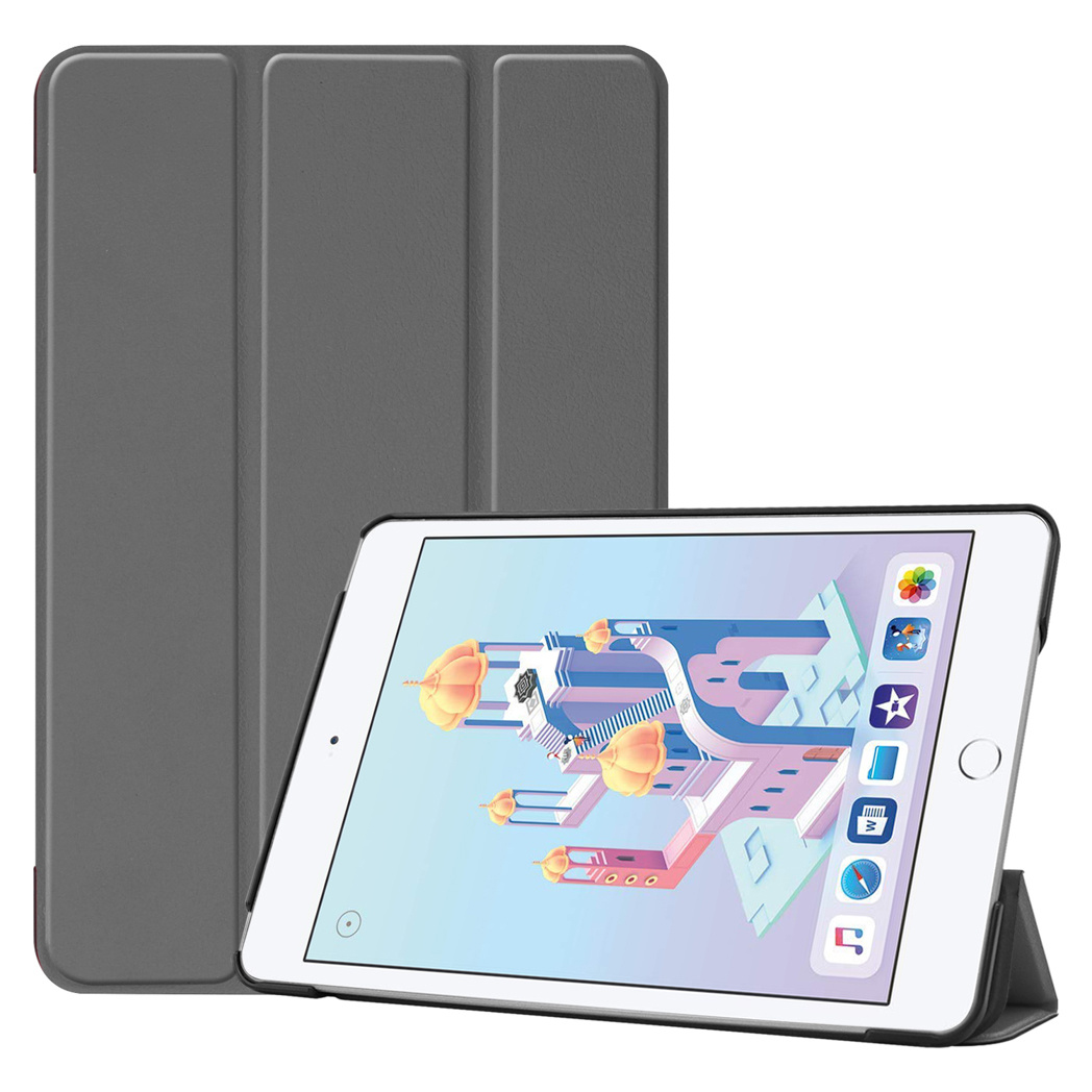 Tablet with gray cover is displayed with its screen showing apps. The cover is behind the tablet.
