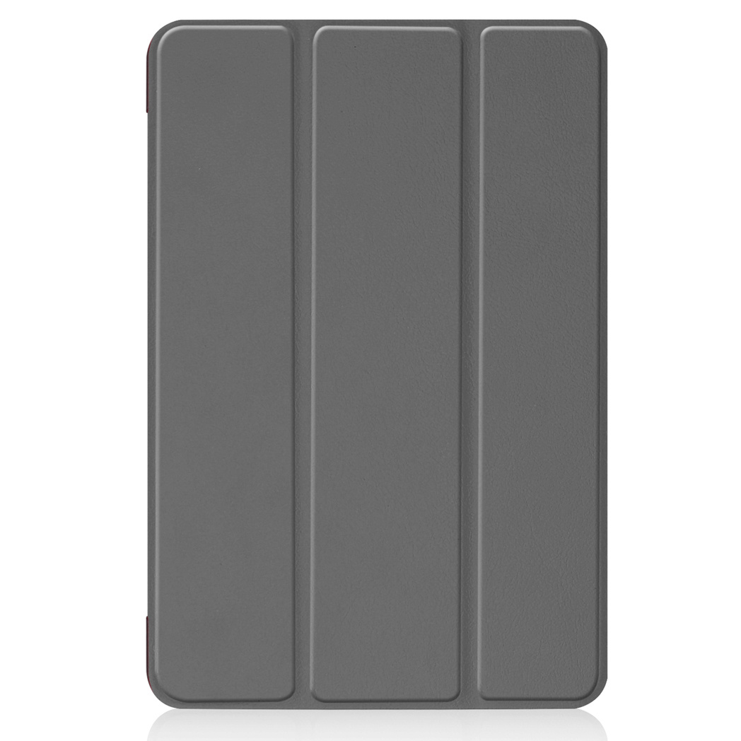 A closed, grey tablet case. The case is rectangular with three folding sections. A red edge is visible on the left side.