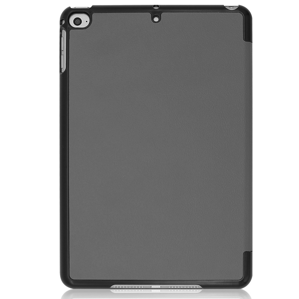 A tablet case in a protective black frame with a gray interior. The case has cutouts for the camera and other features.