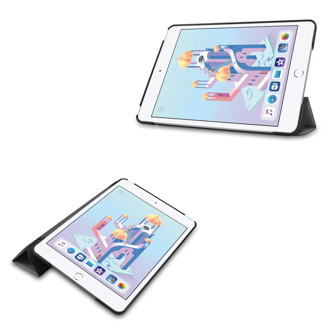 Two iPads, one propped up, display a colorful cartoon castle. The other lies flat, both in black cases against a white background.