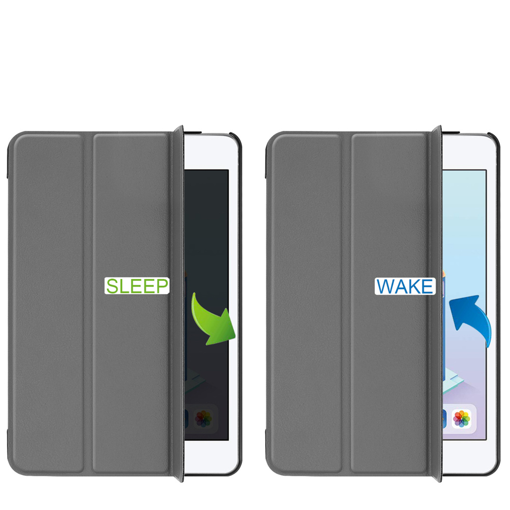Two tablets side by side. One says 'SLEEP' with a green arrow, the other says 'WAKE' with a blue arrow. Both have gray covers.