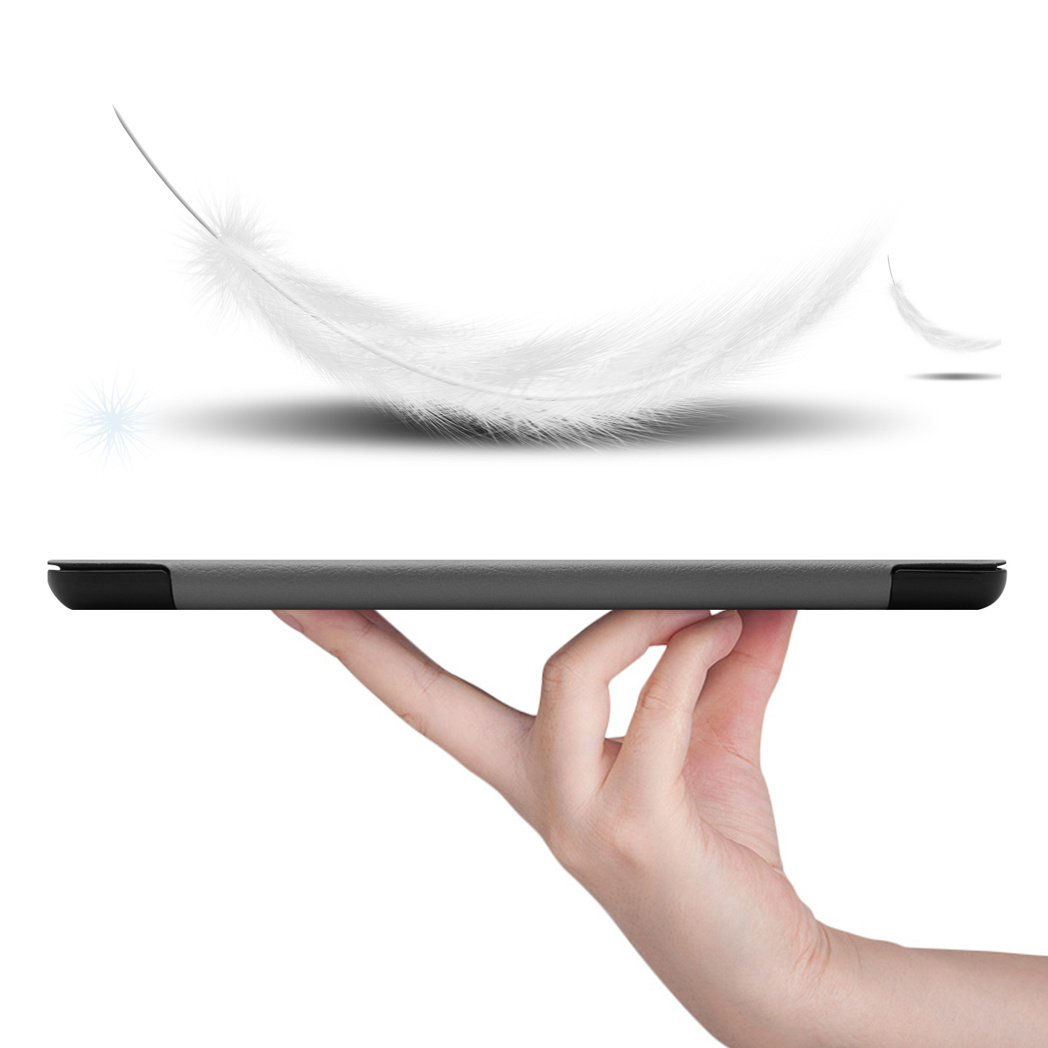 A hand holding a gray tablet. Above, white feathers float. The background is white.