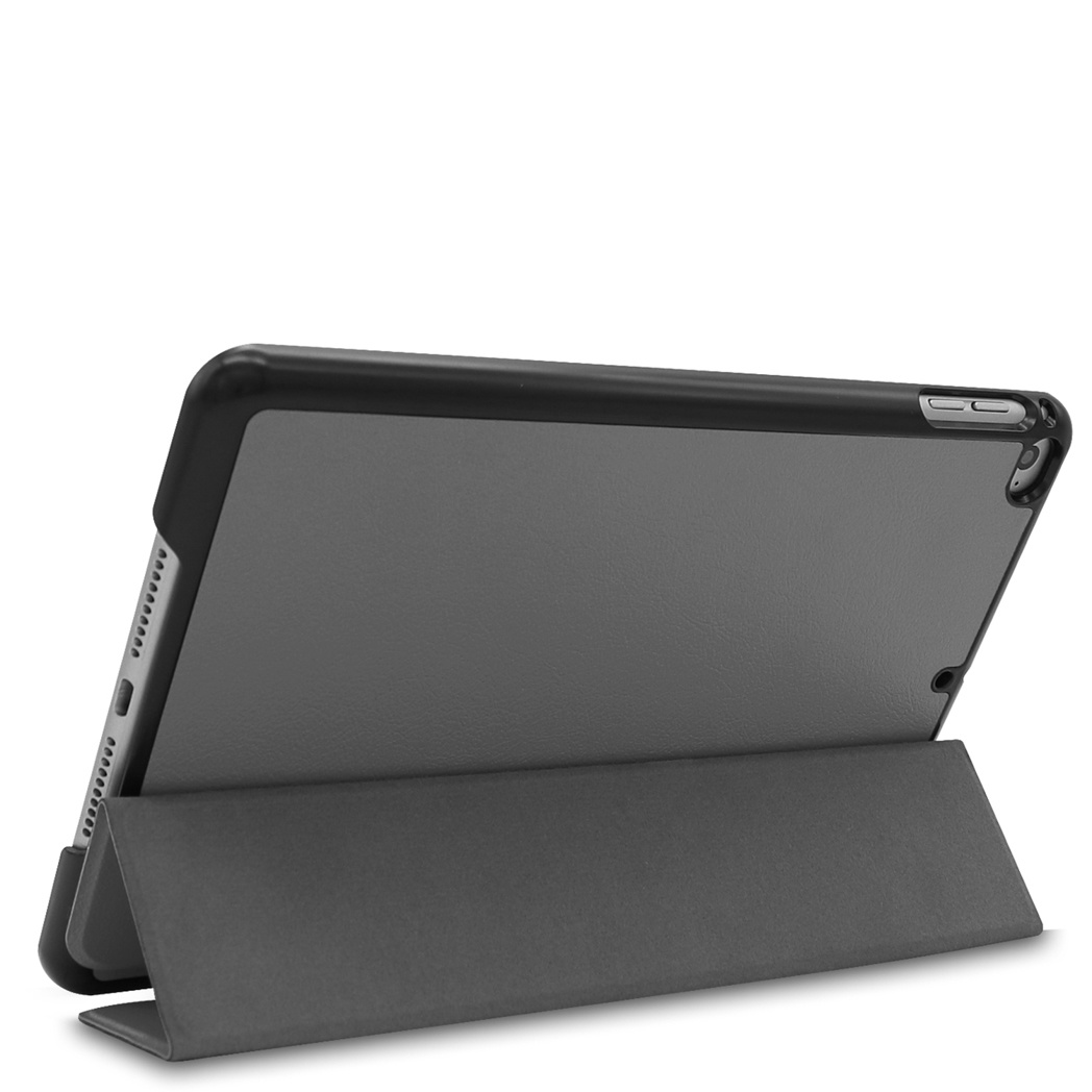 A gray tablet with a black case and stand. The tablet is angled, showing the screen and the stand supporting it. White background.