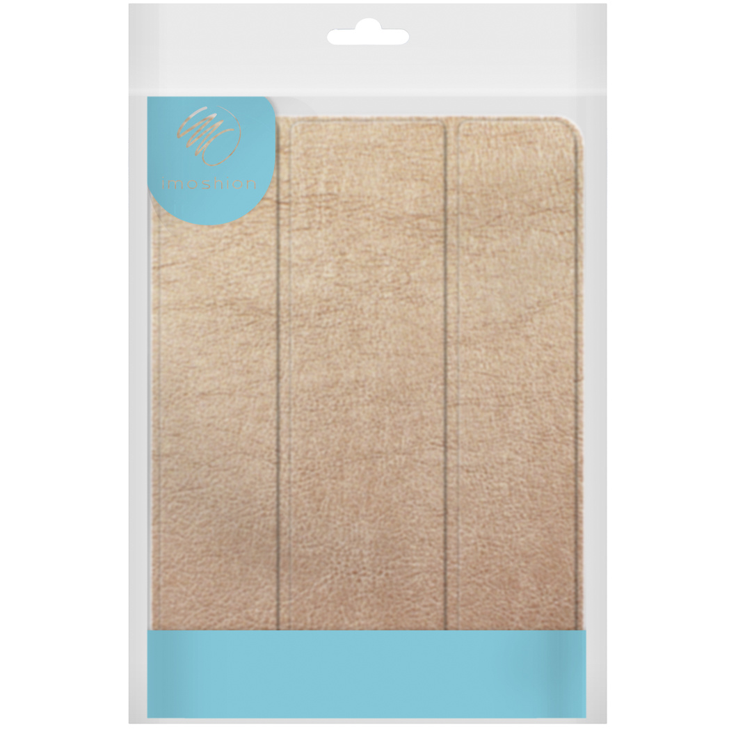 Tablet case in a plastic package. Beige case with a blue logo and a blue strip at the bottom. Clear plastic packaging.