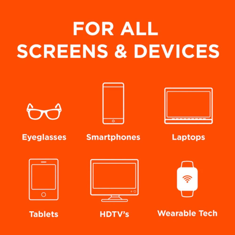Orange background with white outlines of eyeglasses, smartphones, laptops, tablets, HDTVs, and wearable tech. Text: For All Screens & Devices.