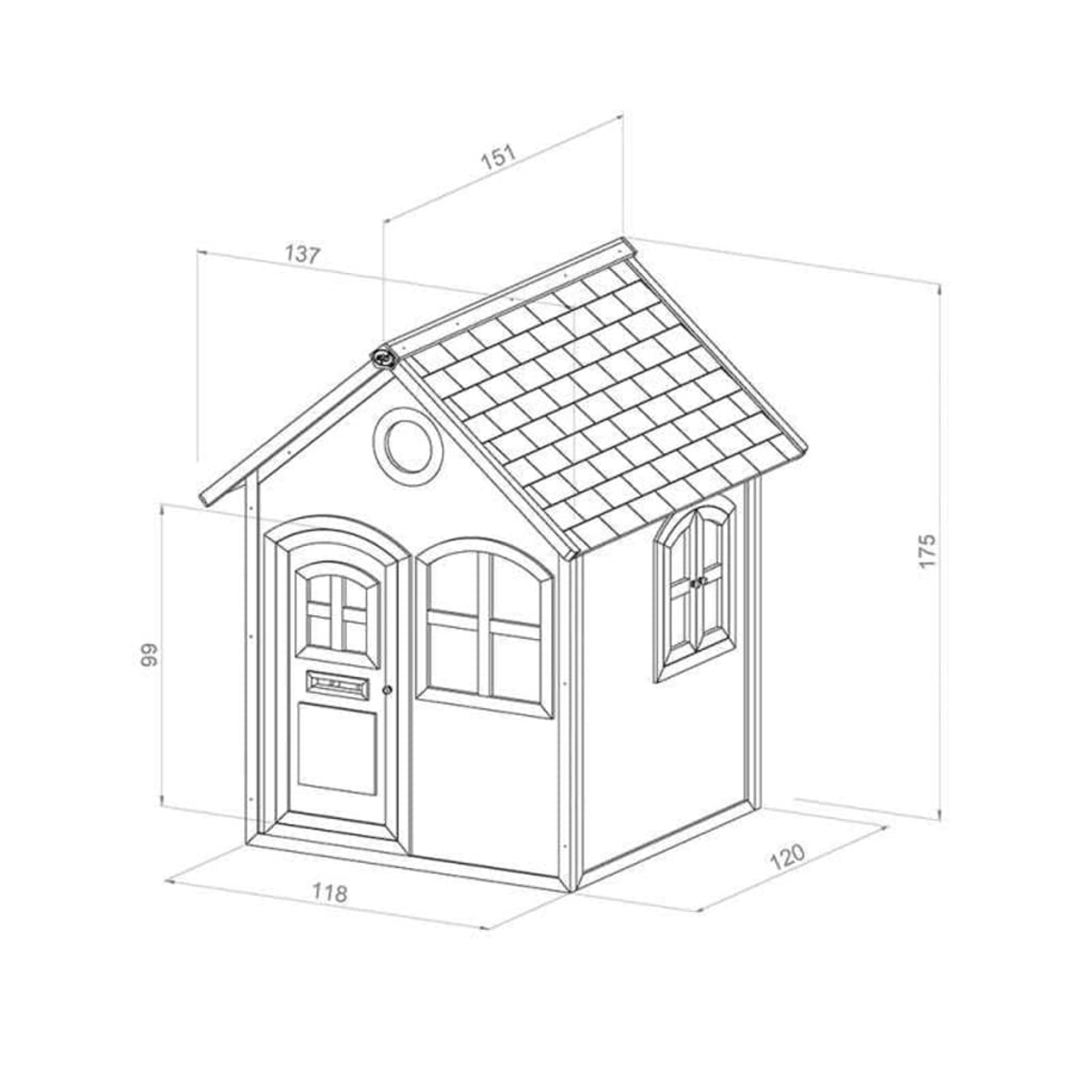 Eine Strichzeichnung eines kleinen Hauses. Es hat ein Satteldach, eine Tür, Fenster und in Millimetern beschriftete Abmessungen.